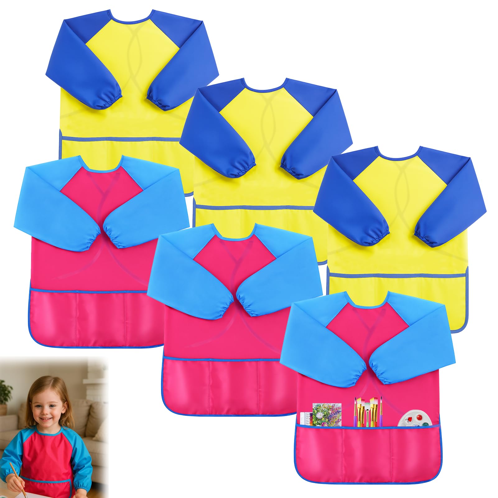 Dongnesi 6 Pack Childrens Aprons for Baking,Artist Costume Kids,Art Apron Kids For Age 2-5 Years Boys And Girls Play Apron,Kid s Aprons For Cooking Painting, Baking (Yellow+Pink)