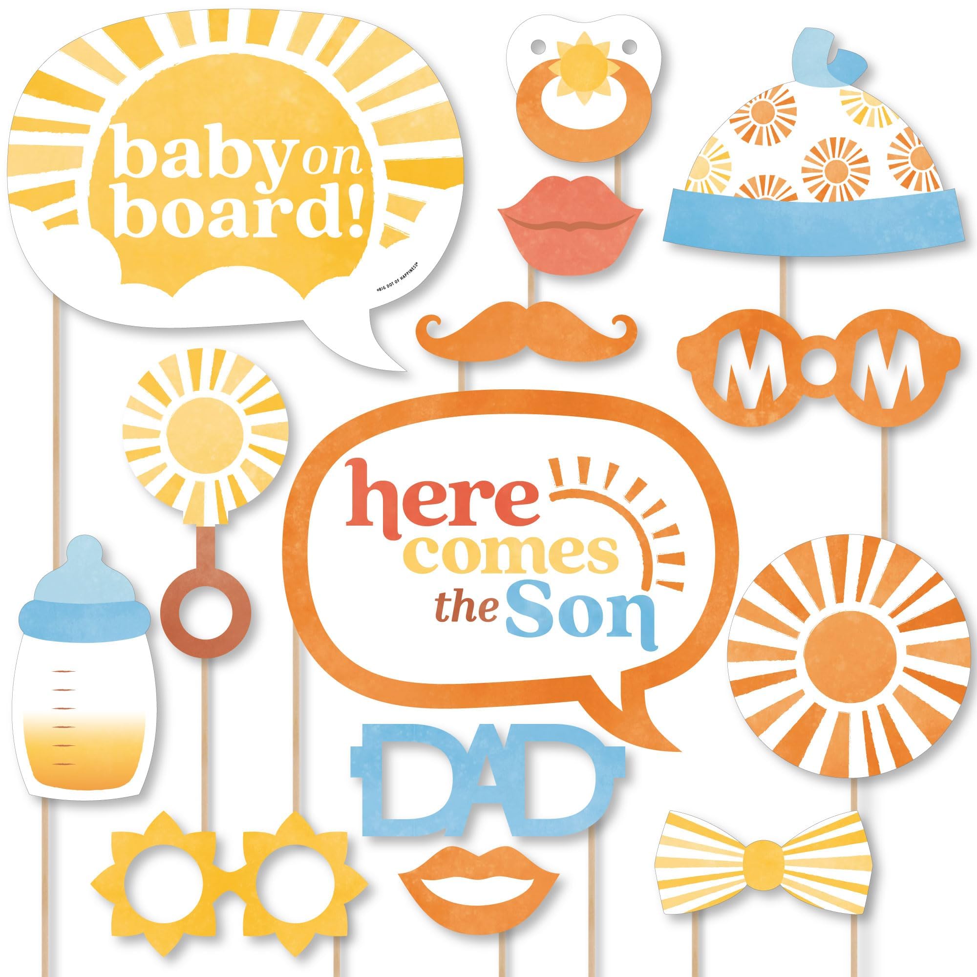 Big Dot of Happiness Here Comes The Son Baby Shower Photo Props, Boy Boho -Themed Personalized Selfie Photobooth Party Supplies - 20 Count