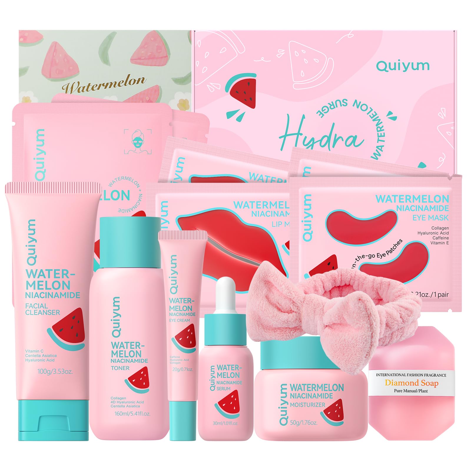 QUIYUM Set de Cuidado de la Piel con Niacinamida y Sandía, Set Regalo para Adolescentes con Gel Limpiador, Tónico, Crema Contorno de Ojos, Crema y Sérum, Rutina Glow Up para Mujeres — view 9