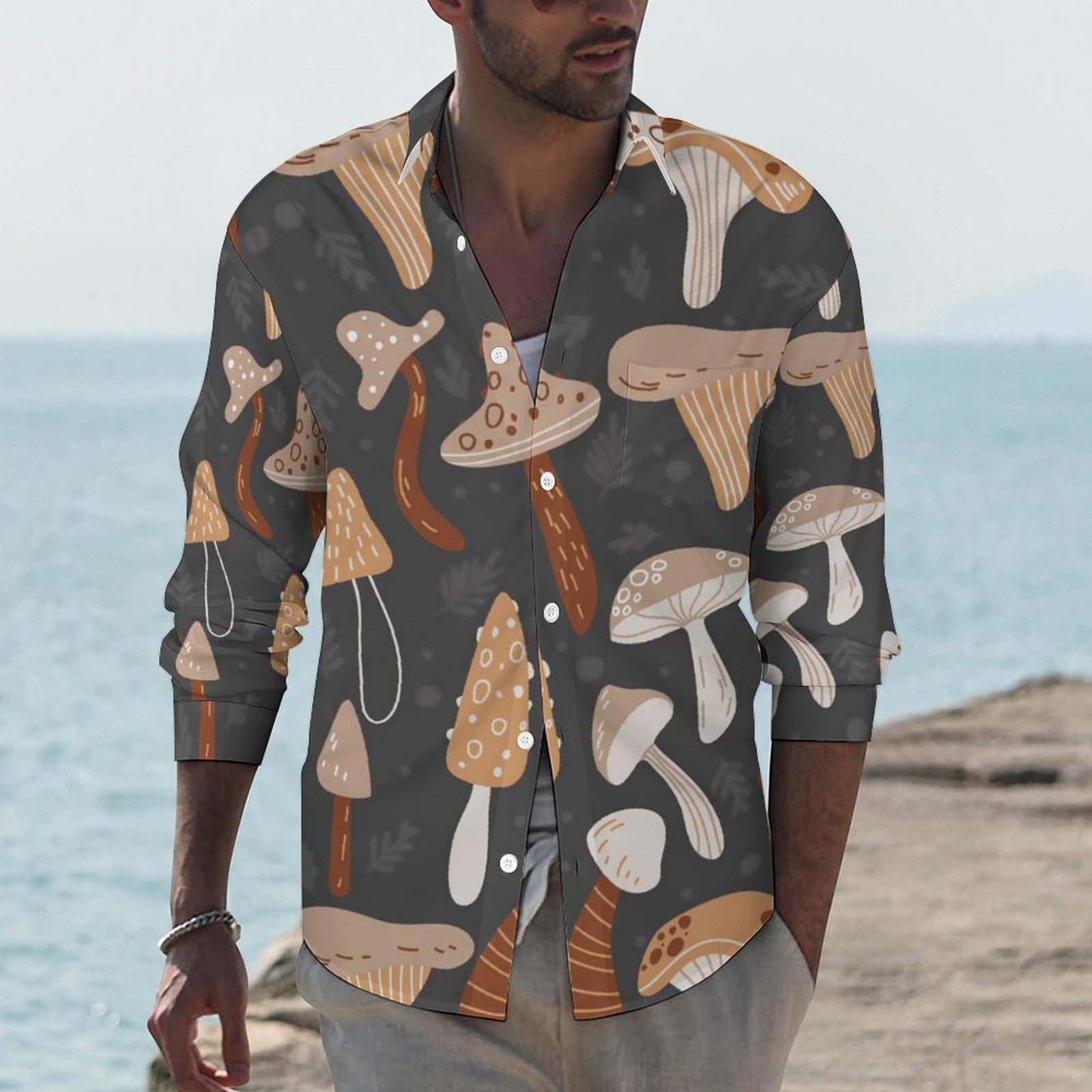 Amazon.co.jp: きのこ柄 キノコ柄 メンズ 長袖 シャツ ワイシャツ