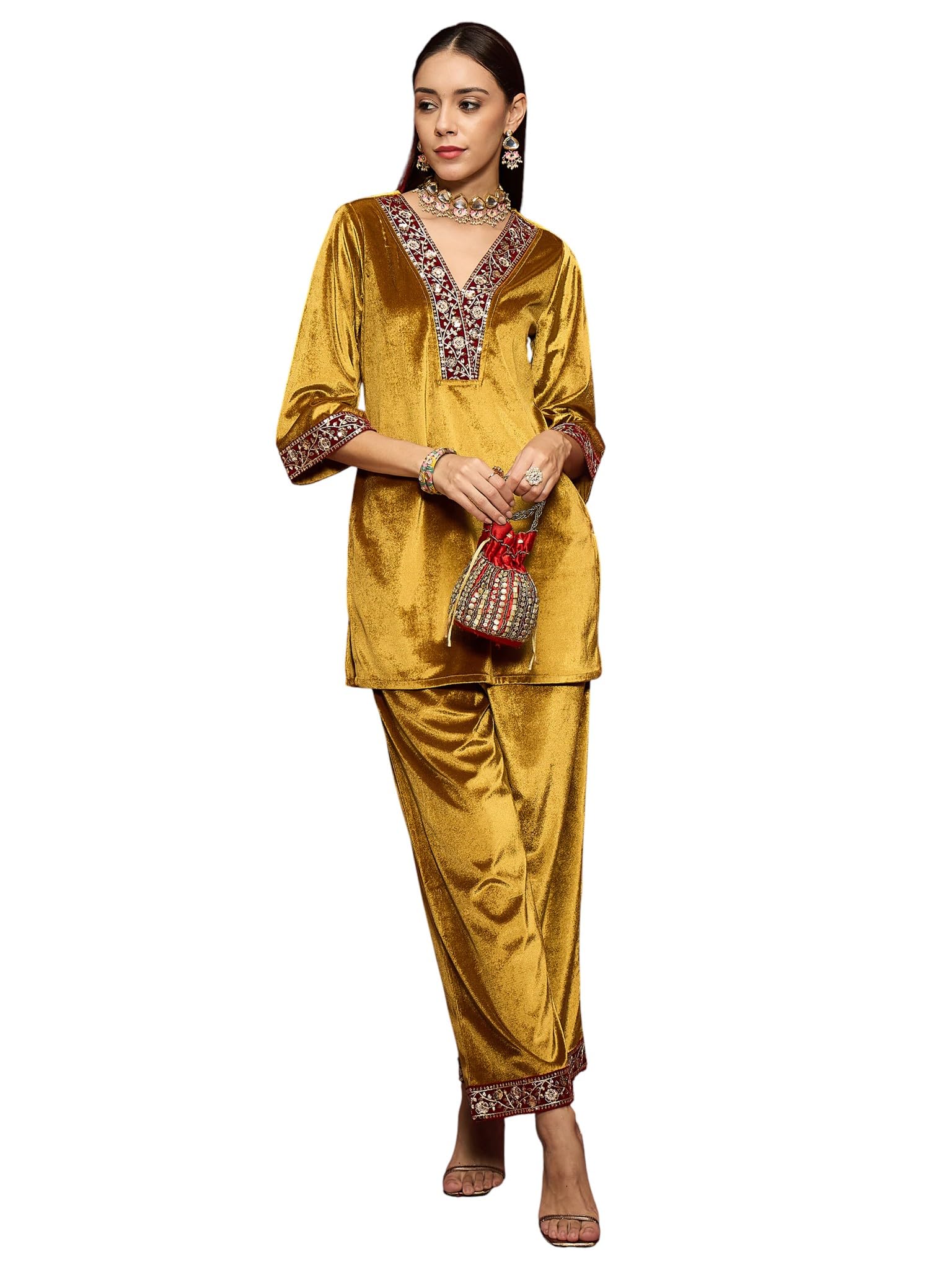 shae by sassafras Women Velvet V-Neck Short Kurta With Straight Pants-picture-13