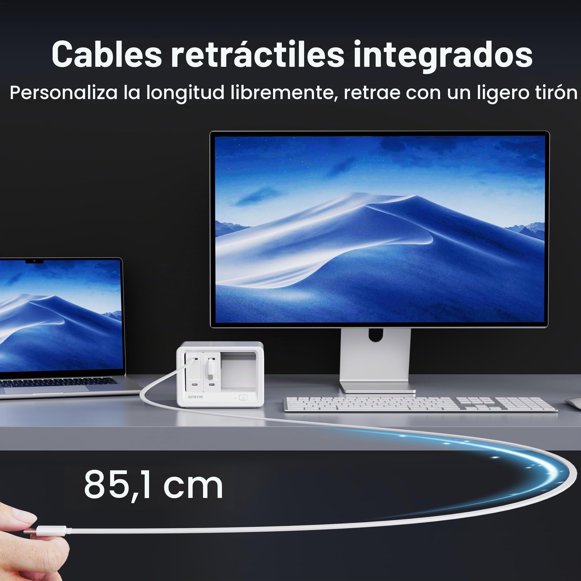 Gitryin Estación de carga de computadora 11 en 1 con 3 cargadores de pared retráctiles, tira de alimentación USB-C de 40 W con 5 CA, 3 USB C, 3 cables tipo C de 31.5 pulgadas, cable de extensión con
