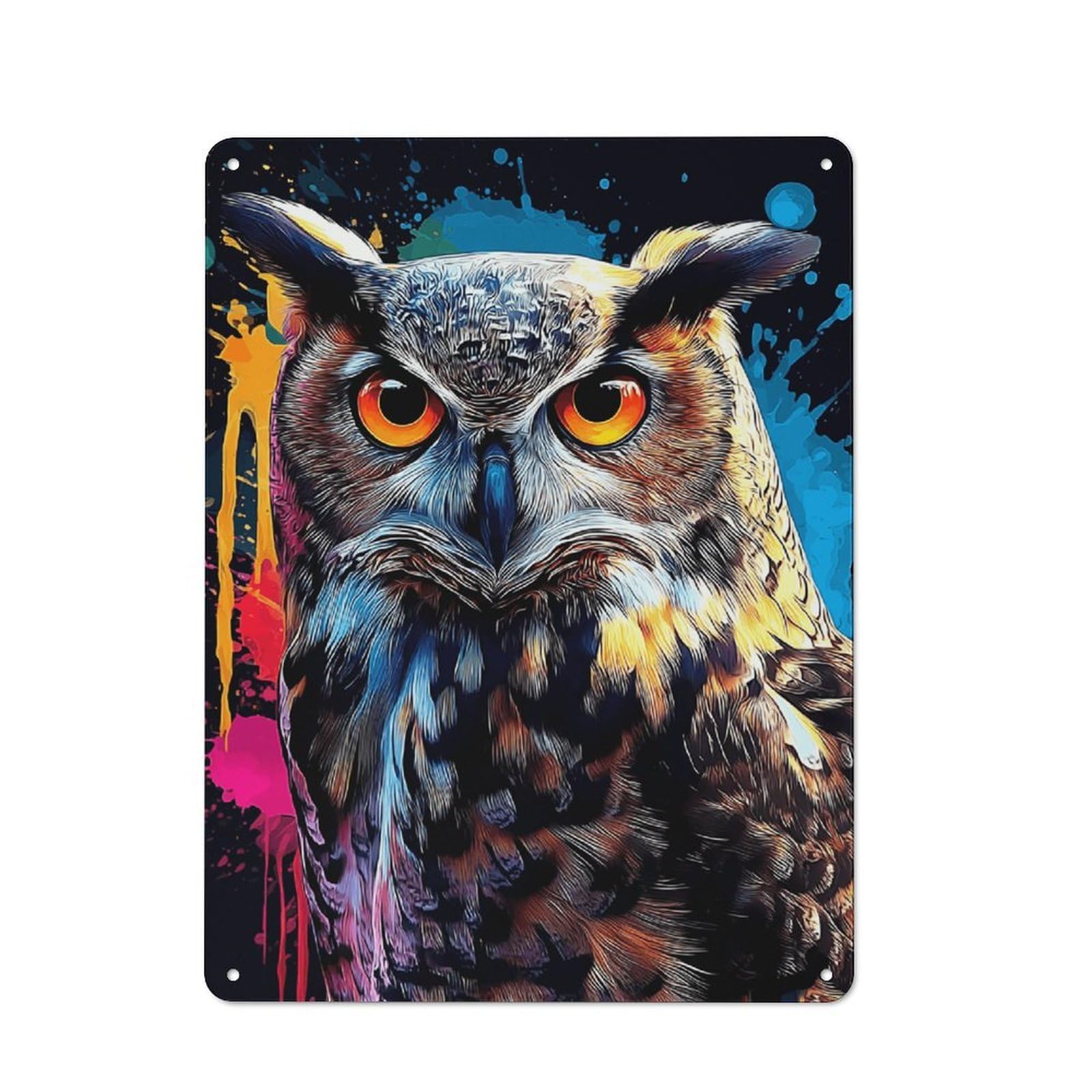 Junmoney Colorful Owl Artwork -1 For Bar Or Restaurant, Retro Metal Plaque 40X30cm, A Decorative Christmas Gift For Hospitality Decor Collectors