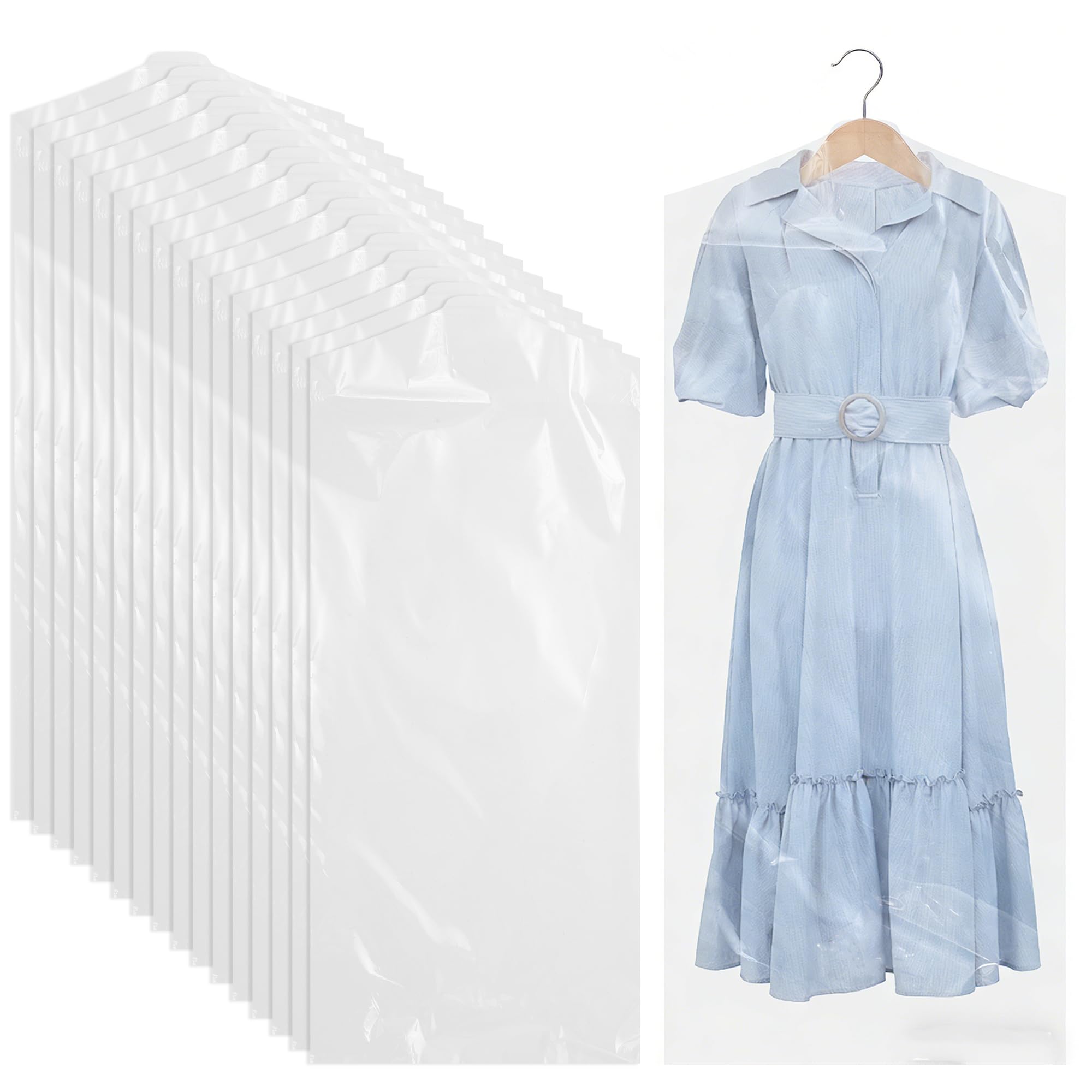 WENLISELL 50 PCS Long Clear Plastic Clothes Covers, 60 x 150cm Dustproof Clothes Covers, Clothes Protector Bags Hanging for Dresses, Suit, Jacket, Home and Clothing Store