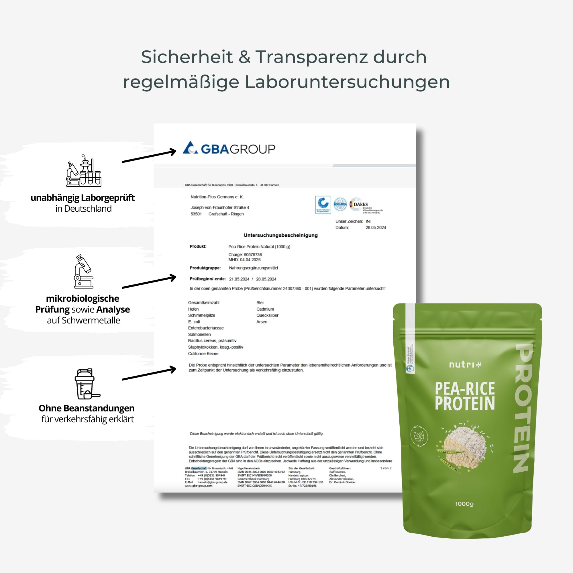 Nutri + Erbse Reis Protein Pulver Schokolade - Veganes Eiweißpulver ohne Soja, Gluten, Laktose, Zucker - Schoko 1 kg Proteinpulver - Pea Rice Eiweiß
