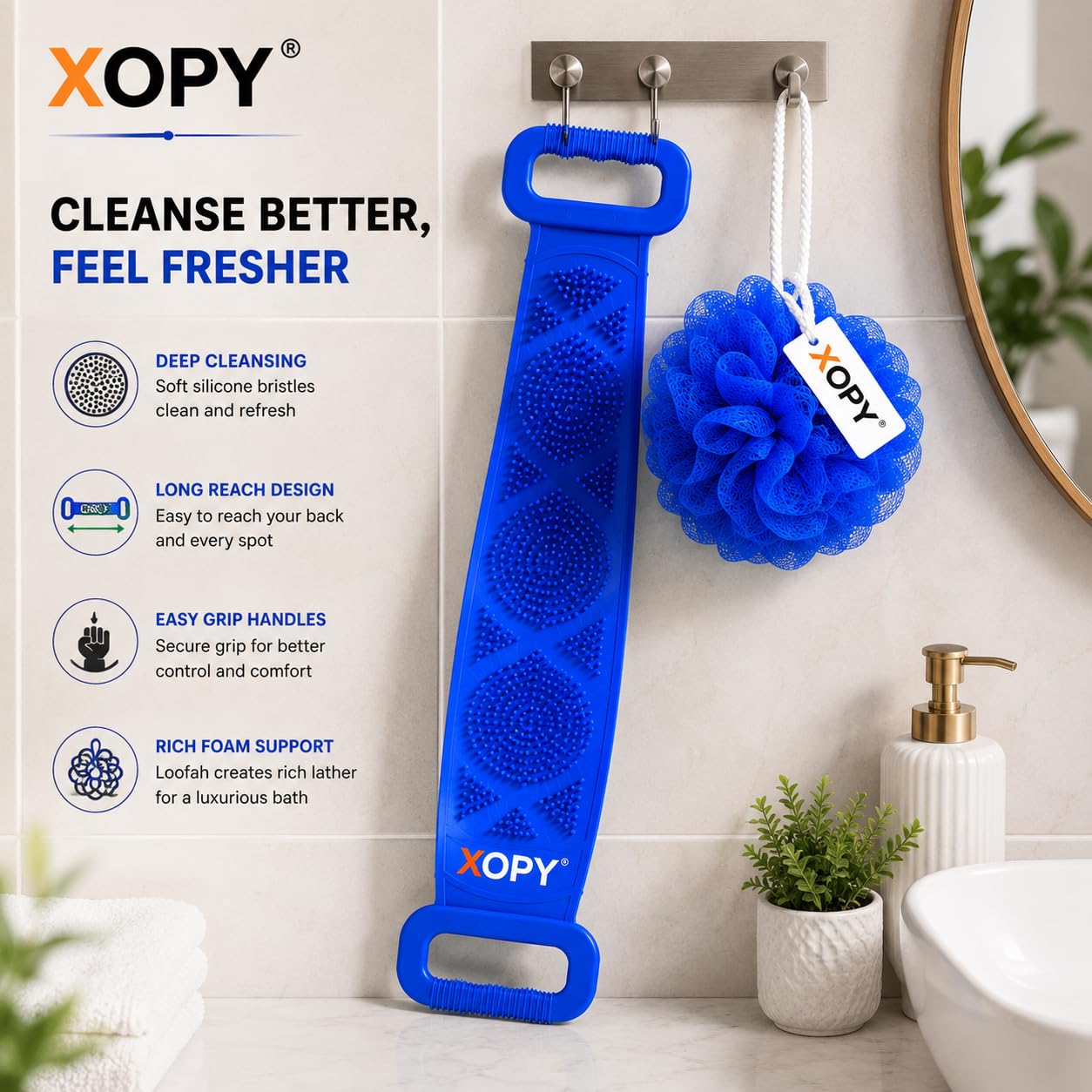XOPY 2 in 1 Combo of Silicone Back Scrubber Belt with Long Handle and Mesh Bath Loofah Pouf, for Men & Women 1