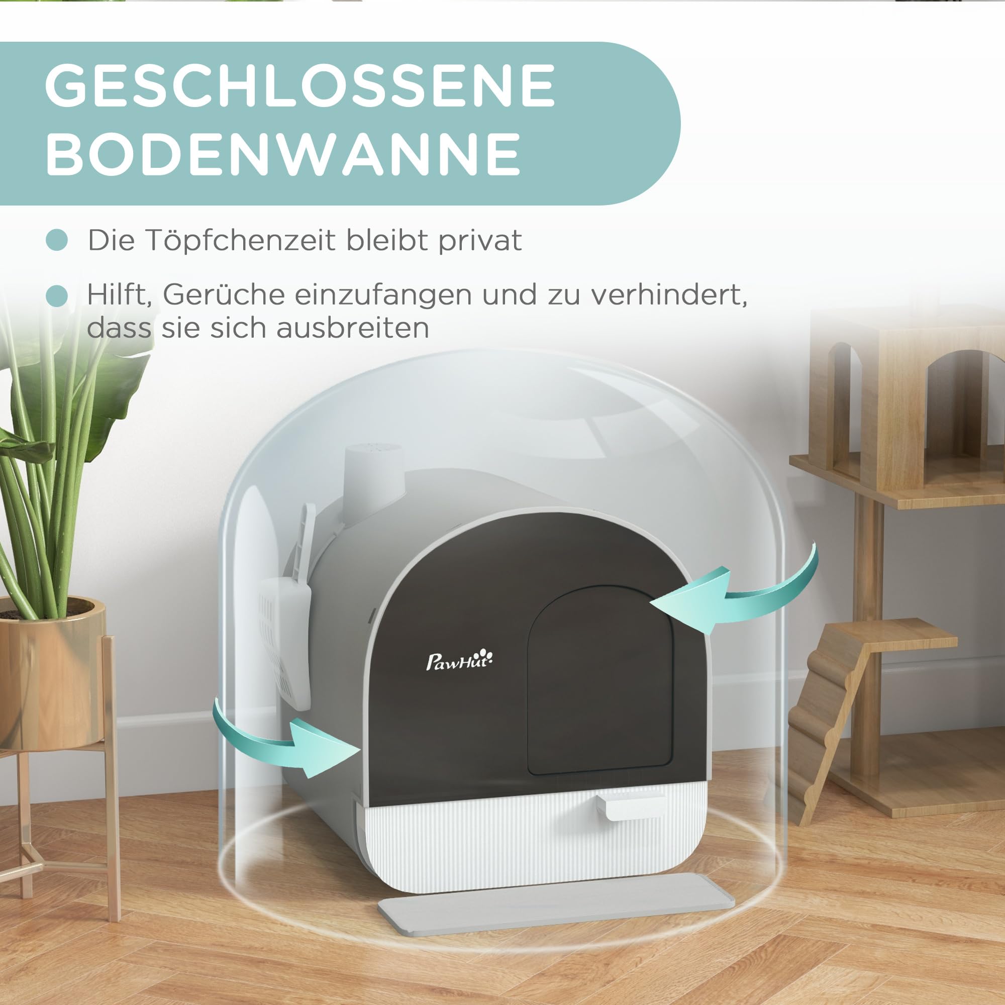 PawHut Katzentoilette mit Deckel für Kleine Katzen 43 x 44 x 47 cm Grau | Katzenklo, Cat Litter Box, mit Schaufel, Streu-Matte, Ausziehbares Tablett, Geruchskontrolle, Einfache Reinigung