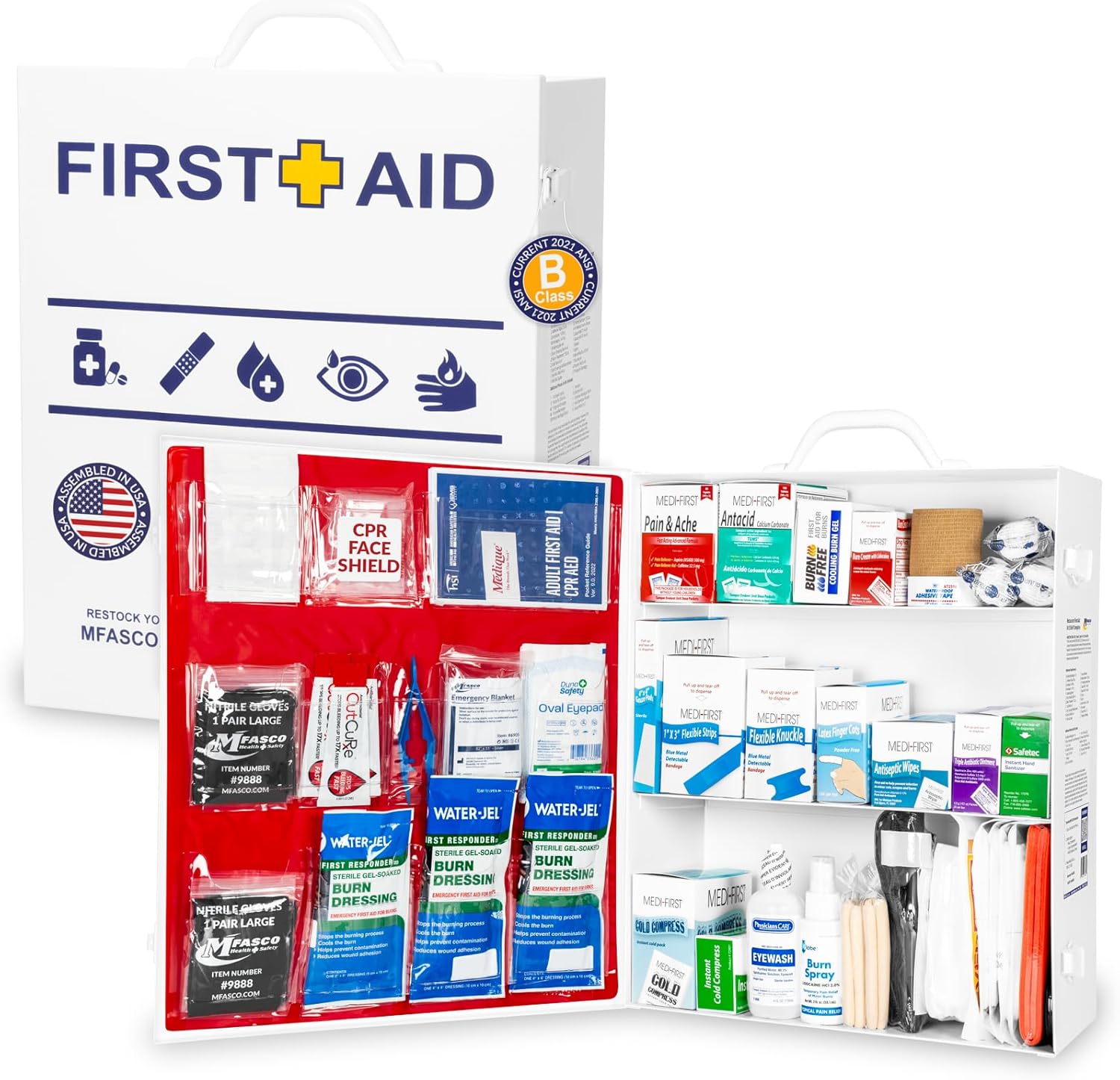 MFASCO Restaurant, Food Service First Aid Kit - ANSI & OSHA 2021 Class B Compliant, Large 3 Shelf Metal Wall Mount First Aid Cabinet, Ideal for Kitchen & Restaurant Supplies