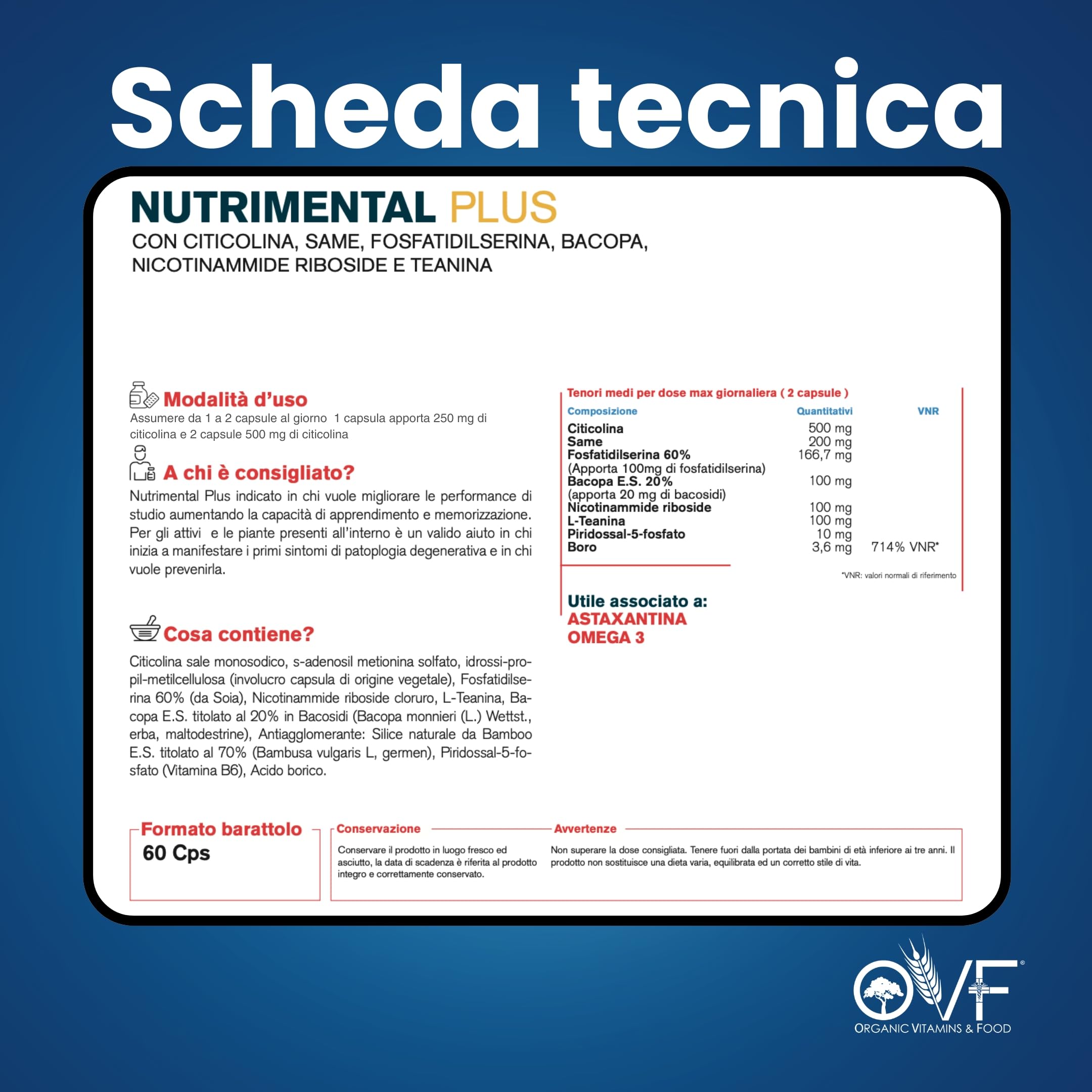 OVF Nutrimental Plus 500mg di Citicolina 60 cps, Integratore Studio Memoria e Concentrazione, contro la Stanchezza Mentale con Fosfatidilserina e Bacopa - per Ragazzi, Universitari, Studenti e Adulti