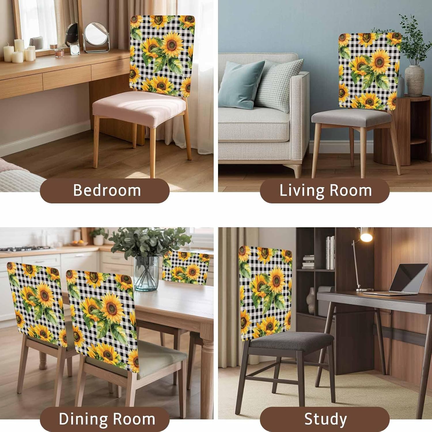 Chair Back Covers Set of 6, Sunflower Black Check Washable Chair Covers for Dining Room, Spring Summer Flowers Botanical Decorative Dining Chair Slipcover for Kitchen, Home, Hotel, 20x19 Inch