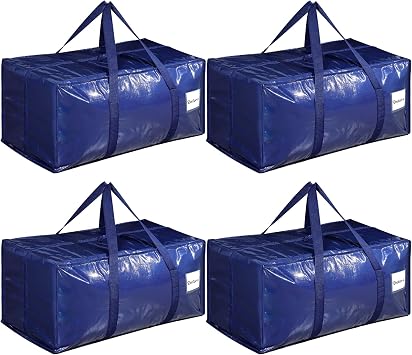 Dntorx 4 Pack Oversized Moving Bags, Heavy-Duty Moving Boxes or Packing Bags with Extra-large Zip Opening, Moving Supplies for College Halls Travelling Camping, Tough Handles, 90L/19.8Gallon, Blue