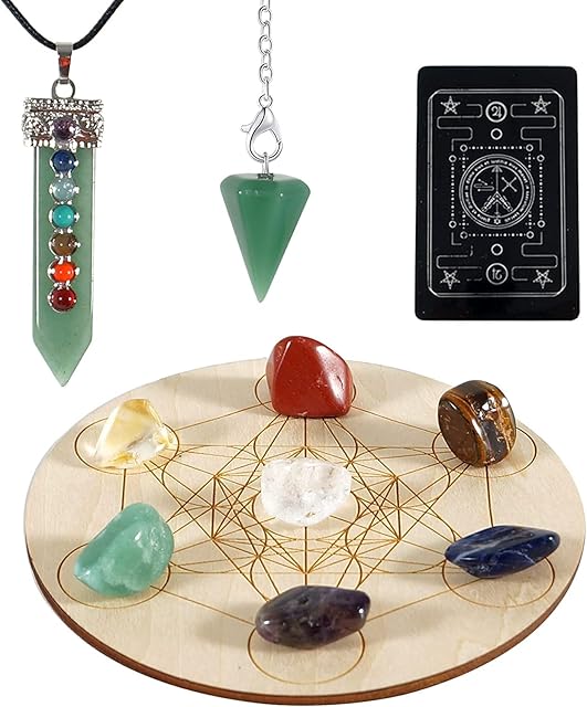 Soulnioi Chakra Healing Crystal Stone Set: 7pcs 7 Chakra Crystals Stone, 1pc Green Aventurine 7 Chakra Necklace, 1pc Green Aventurine Pendulum, 1pc Energy Wooden Plate, for Meditaion Reiki Balancing