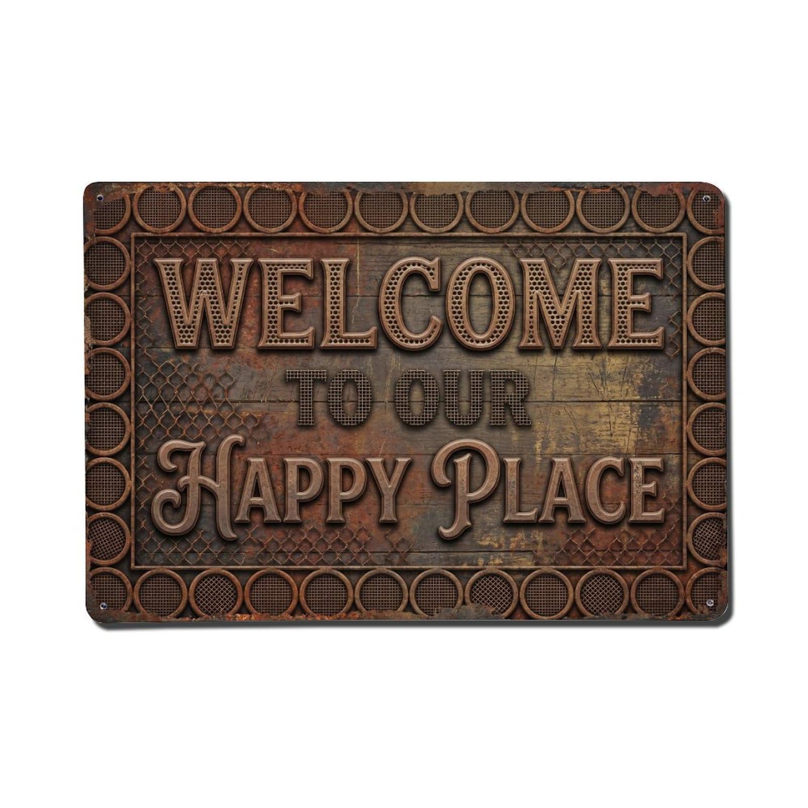 Okngb Style Smithsonite Stone Welcome Happy Place Vintage Garden Metal Tin Sign Plaque Wall Decor For Cafe, Man Cave, Club Bar, Office, Home Garden Round Metal Poster 8X12inch