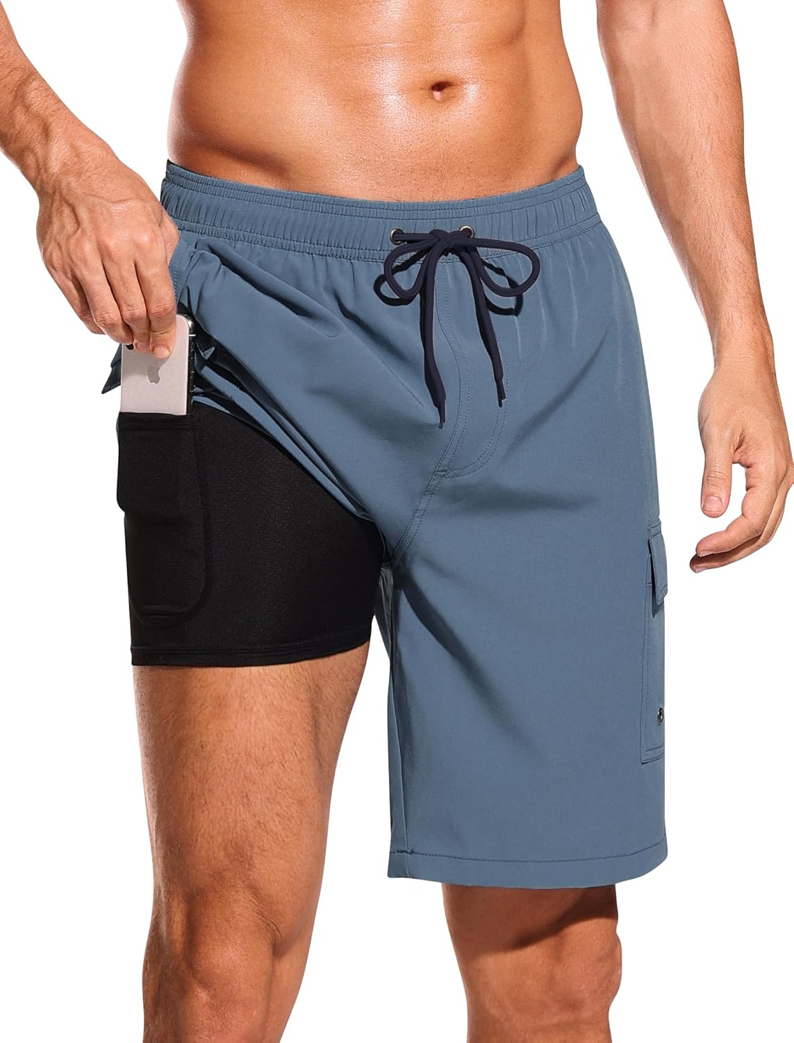 SILKWORLD Men's Swim Trunks with Compression Liner Quick Dry Bathing Suits 9 Inch Swimming Shorts with Cargo Pockets