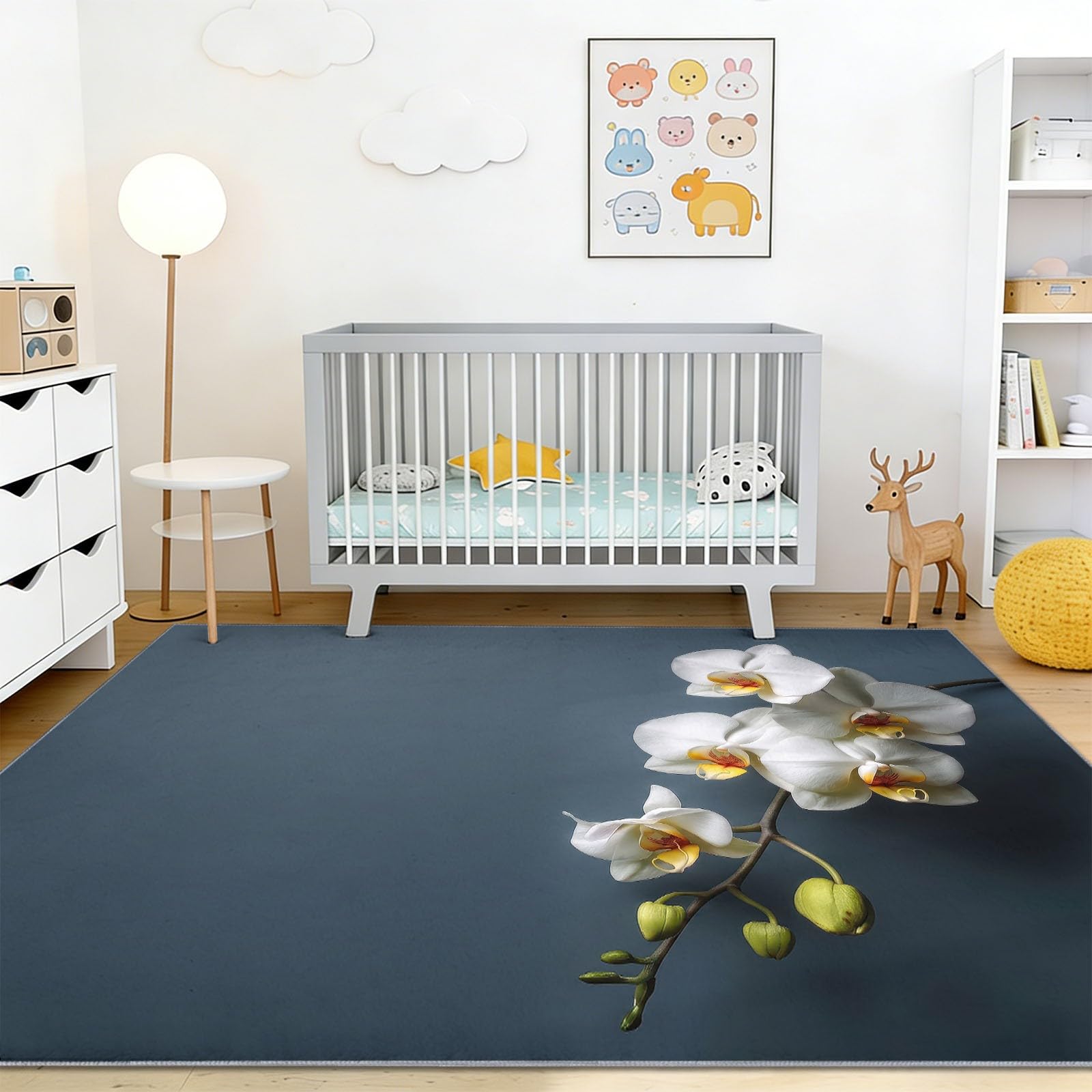 Pflanzen Orchidee Knospe Pflegeleicht Teppich Waschbarer 100 x 150 cm, für Wohnzimmer Schlafzimmer Esszimmer Büro, Ölgemälde Fotografie rutschfest Kurzflorig Weich Teppich, Weiß Grün