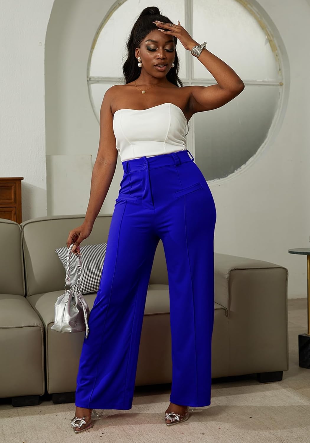 Tbahhir Women High Waisted Work Pants Wide Leg Dress Pants Straight Trousers Casual Business Slacks with Pockets - Image 3