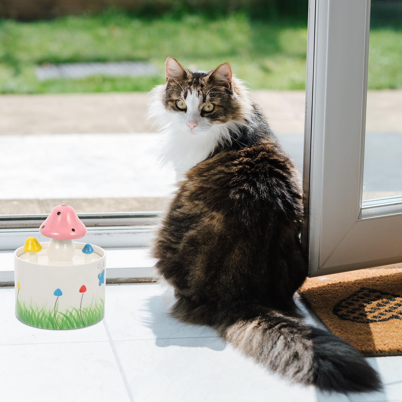 Automatischer Katzenwasserspender mit USB, 1l Keramik, Pilzform | Haustier Tränke für Zuhause, Energiesparend und Niedrig im Verbrauch, für Hunde, Katzen und Kaninchen