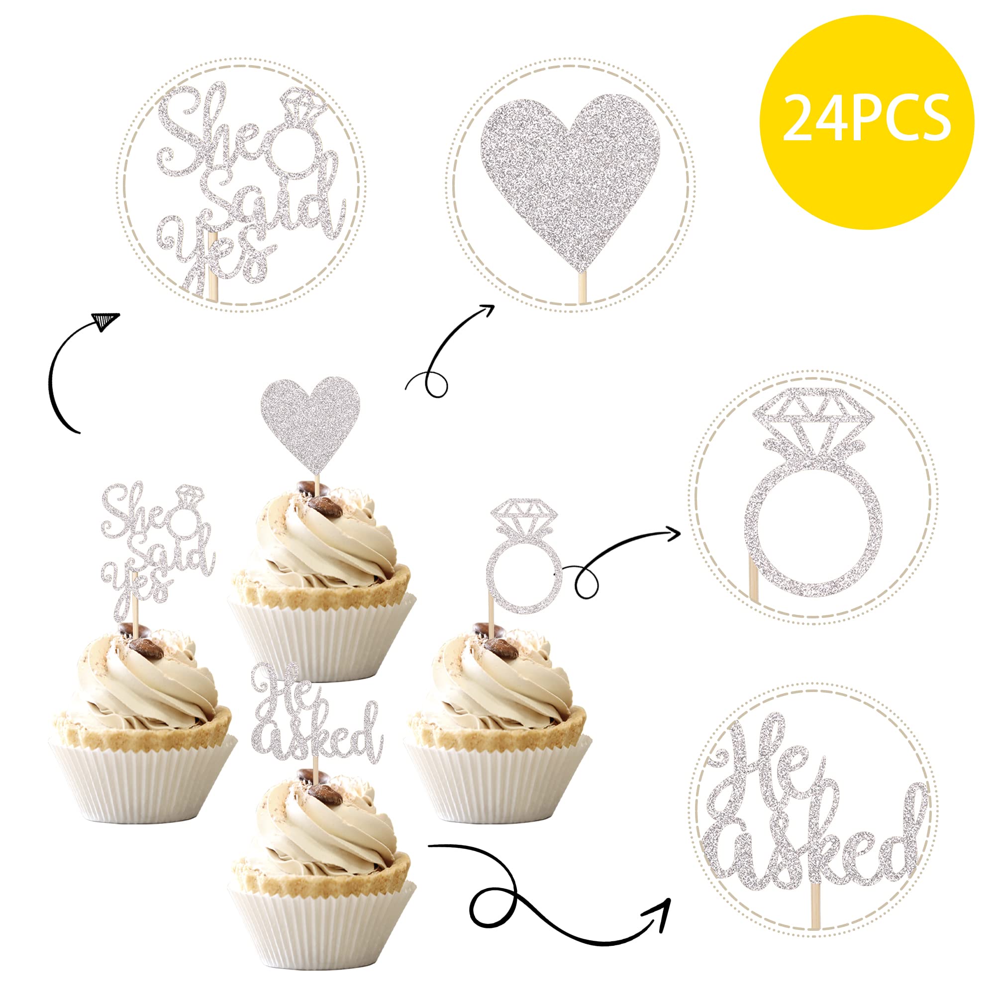 amazon-com-24-pcs-he-asked-she-said-yes-cupcake-toppers-with-glitter-heart-ring-bachelorette-cake-picks-decorations-for-wedding-engagement-bridal-shower-party-supplies-silver-grocery-gourmet-food
