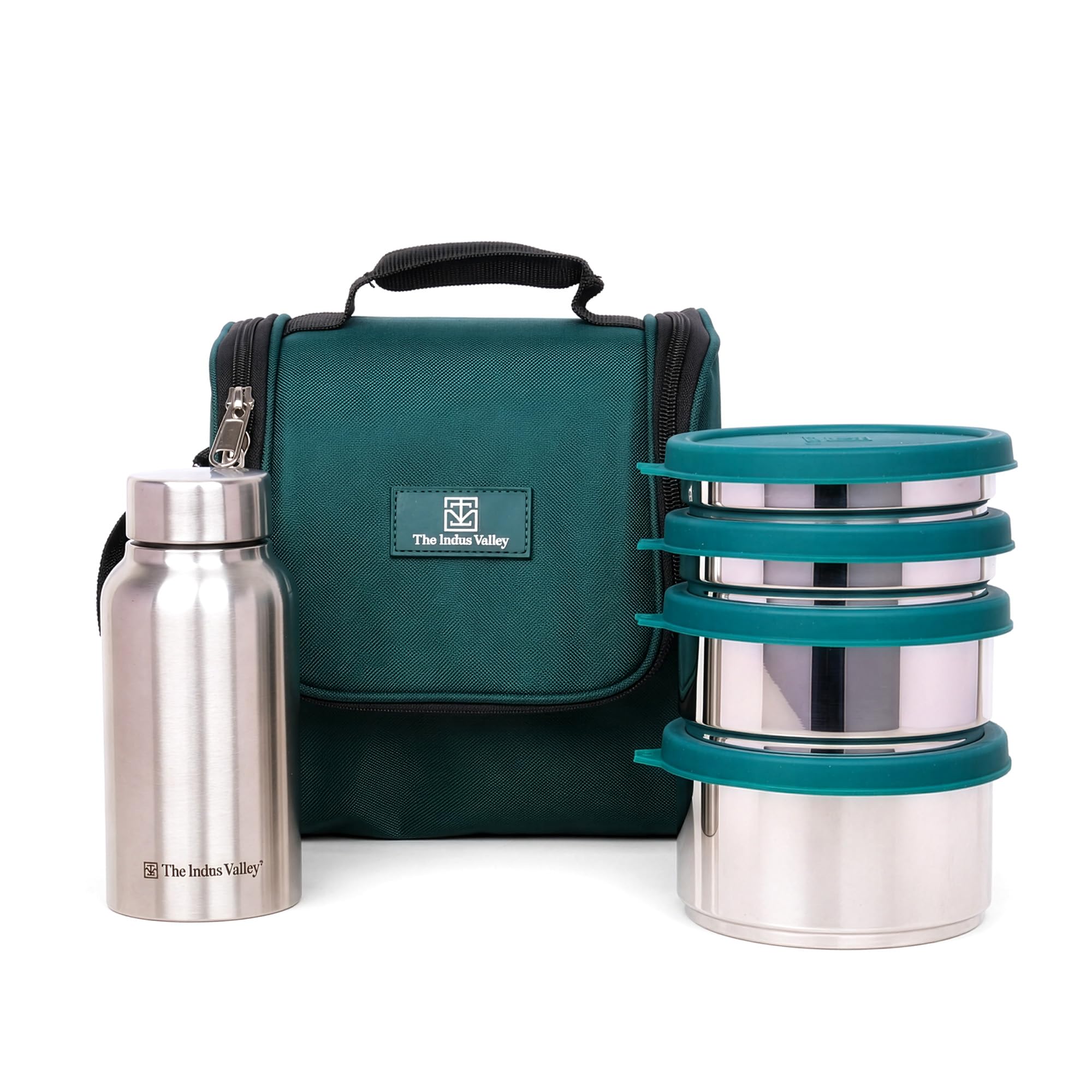 The Indus Valley Stainless Steel Lunch Box Kit| Set of 5 with 600ml, 450ml & 2 x 220ml Microwave Safe Leakproof Food Containers, 500ml Water Bottle & Lunch Bag | Tiffin Box for Office, School & Travel