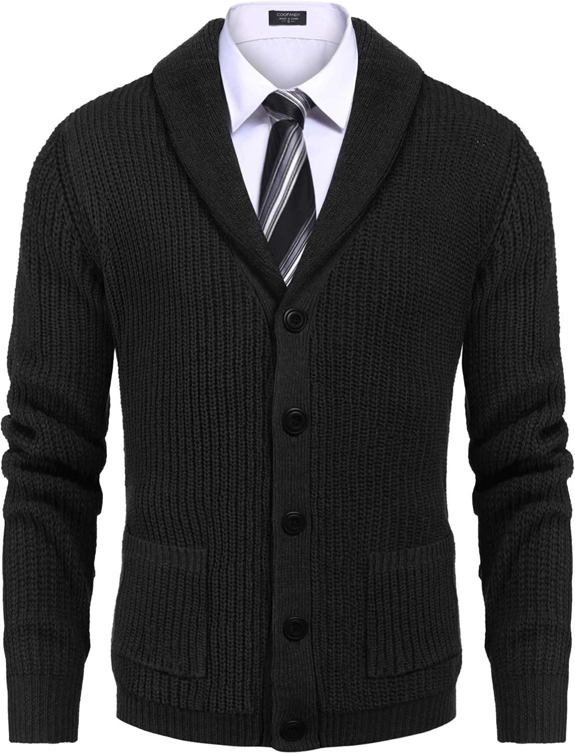COOFANDY Men's Shawl Collar Cardigan Sweater Slim Fit Cable Knit Button up Sweater with Pockets - Image 3