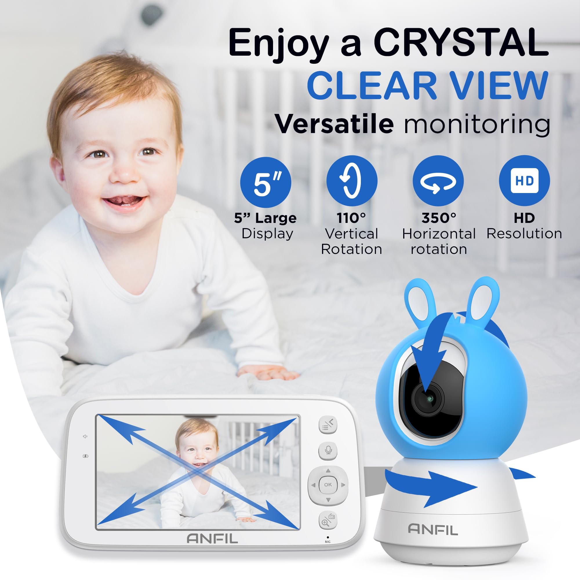 Elektroniczna niania z kamerą bez Wi-Fi – wyświetlacz 5", widoczność w nocy, tryb VOX, monitorowanie temperatury, 2-drożne audio, monitorowanie dziecka, tryb ECO, wychylny 355°, kąt nachylenia