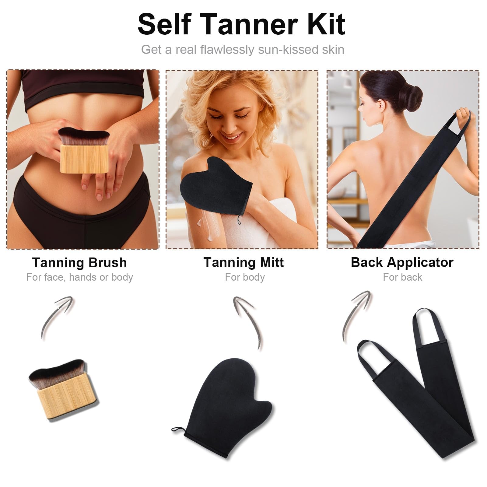 3 in 1 Kit Guanto Autoabbronzante Guanto per Autoabbronzante Self Tanning Mitt Applicatore Abbronzatura Spalma Crema Schiena Pennello Autoabbronzante Guanti Applicatore Crema Schiena