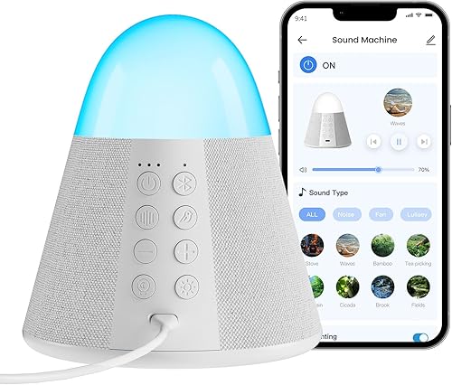Miniatura 1 de Máquina de sonido mejorada con 54 sonidos relajantes, máquina de sonido de ruido marrón y rosa con control de aplicación, temporizador, luz