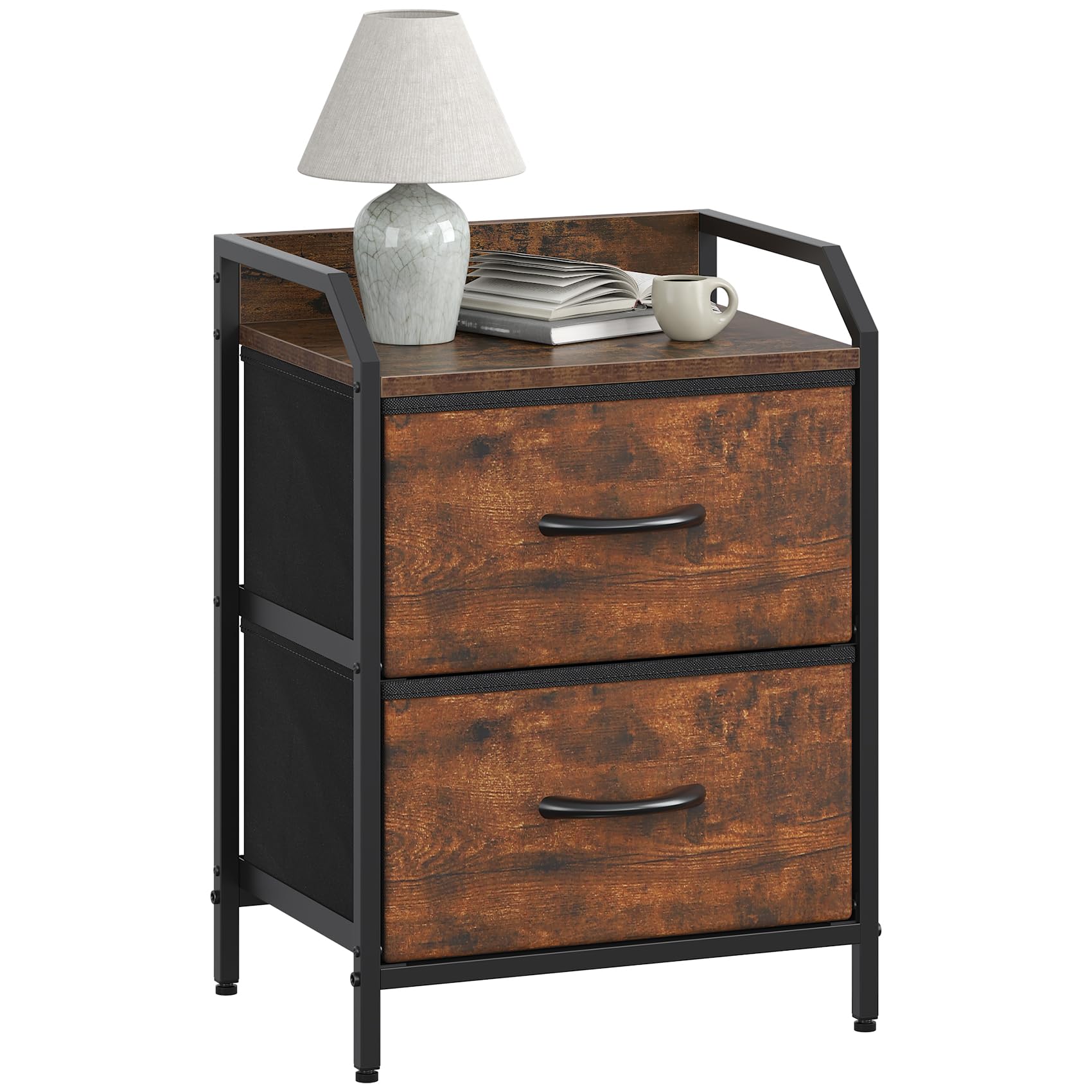 GoaHi Bedside Table, 2 Drawer Bedside Cabinet Nightstand With Large Capacity Fabric Bedside Drawers, Metal Frame With Wooden Top, 2 Drawer Storage Bed Side Table For Bedroom, Rustic Brown