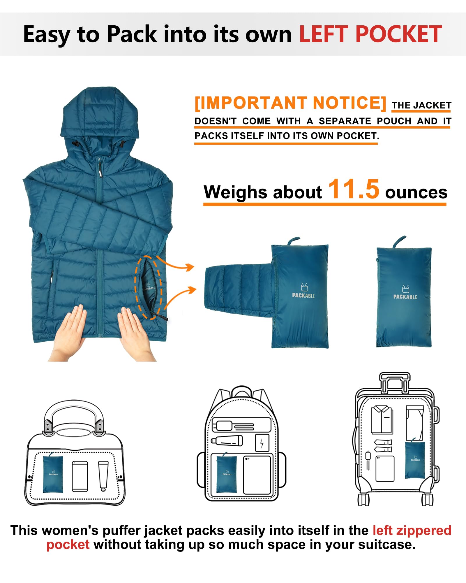 Outdoor Ventures Veste matelassée légère et pliable pour femme - Veste d'hiver chaude avec capuche - Doublée avec poches - Pour les loisirs, la randonnée, les voyages
