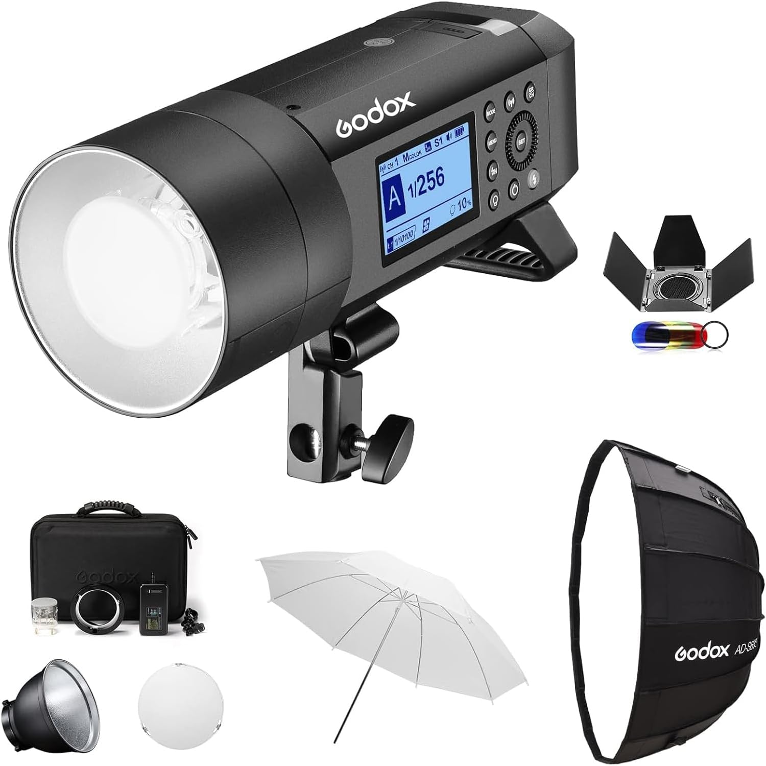 Godox AD400Pro 400Ws Studio Outdoor Strobe Flash Kit, TTL 1/8000s HSS 2.4G GN72 Monolight Light, Lithium Battery with AD-S65S 26"/65cm Godox Mount Grid Softbox, Barn door, Umbrella, Standard Reflector