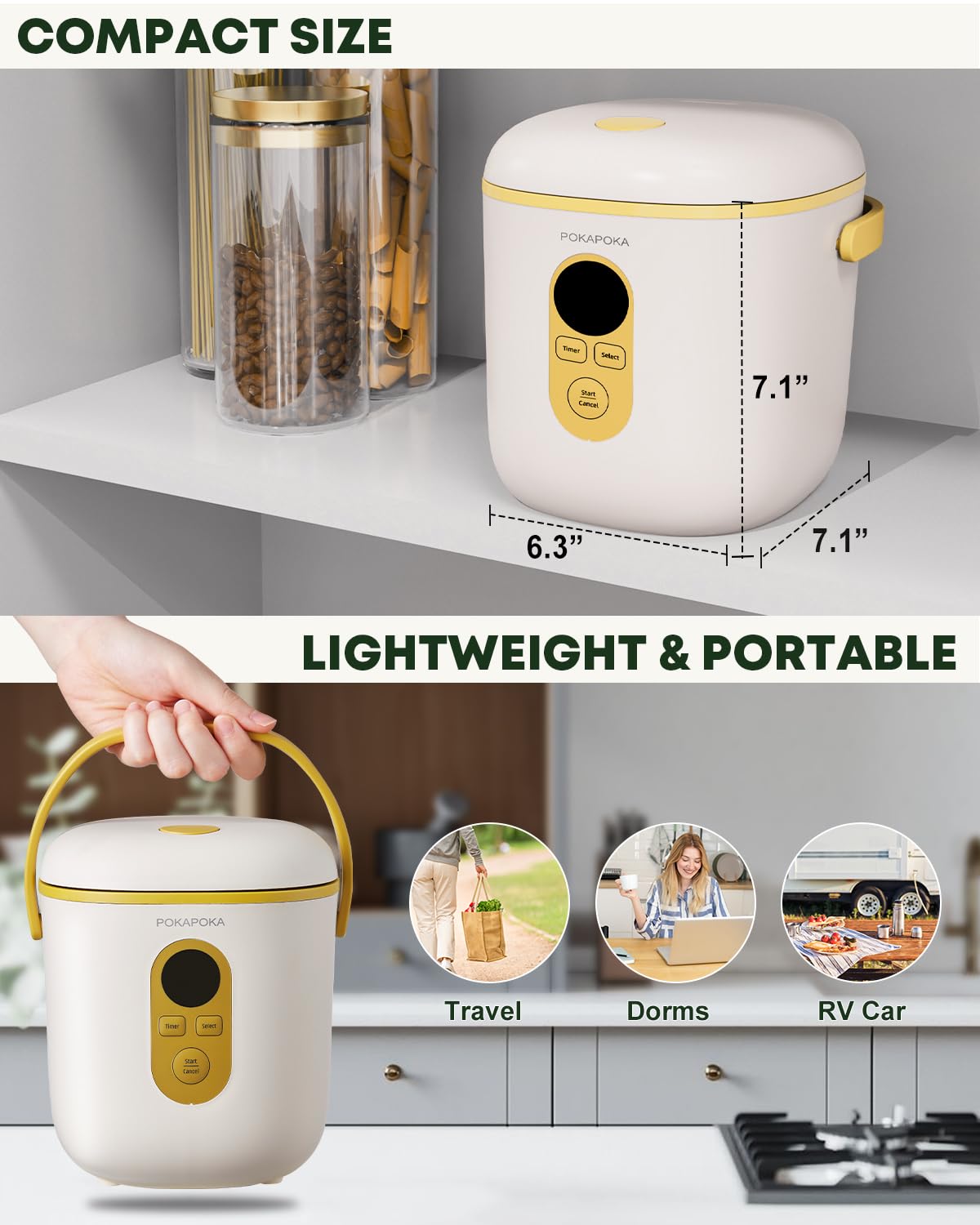 POKAPOKA Mini Rice Cooker 2 Cups Uncooked, Small Rice Cooker with Portable Handle, 24-H Timer Delay, Non-stick Travel Rice Cooker for White Rice, Oatmeal, Soup, 1.2L, Wheat