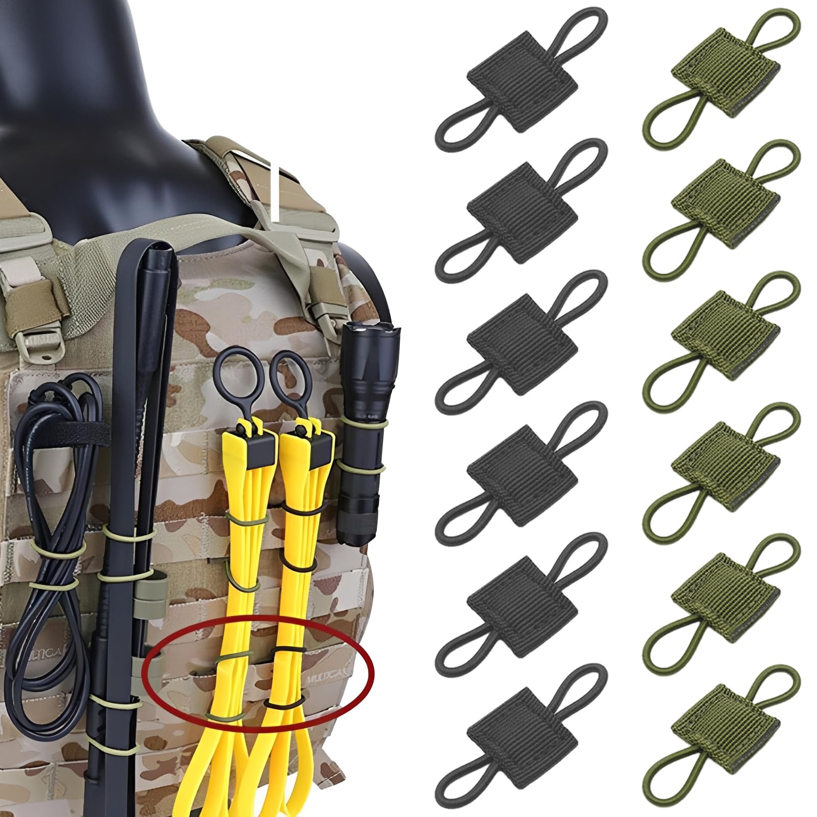 Lot de 12 Attaches Molle Tactiques, Boucle Élastique de Fixation pour Sac à Dos et Gilet de Randonnée, Accessoire Système de Gestion de Sangles pour Extérieur (6 Noir & 6 Vert Armée)