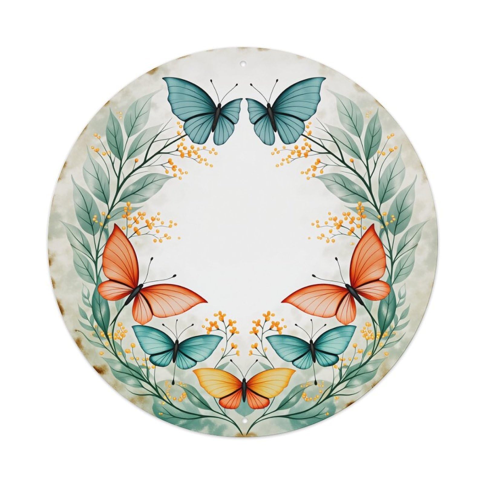 Butterfly Floral Wreath Design Pattern Round Tin Sign Vintage Style Metal Sign Home Bar Garden Wall Plaque Decor Metal Poster 8x8 Inch