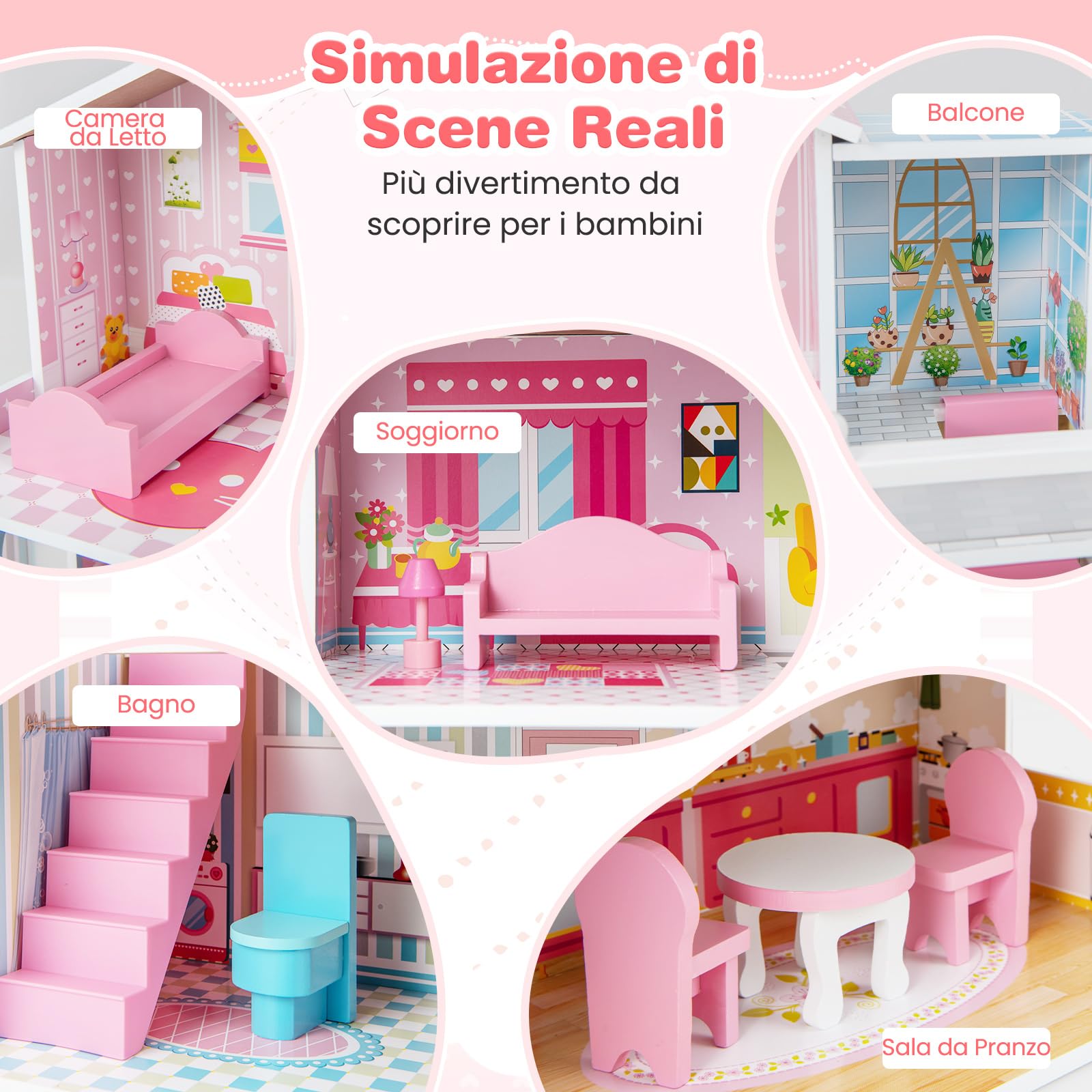 RELAX4LIFE Casa delle Bambole in Legno con 3 Piani, 5 Stanze e Mobili, Accessori e 2 Scale e Graziosi Sfondi, Giocattolo per bambini 3 Anni+