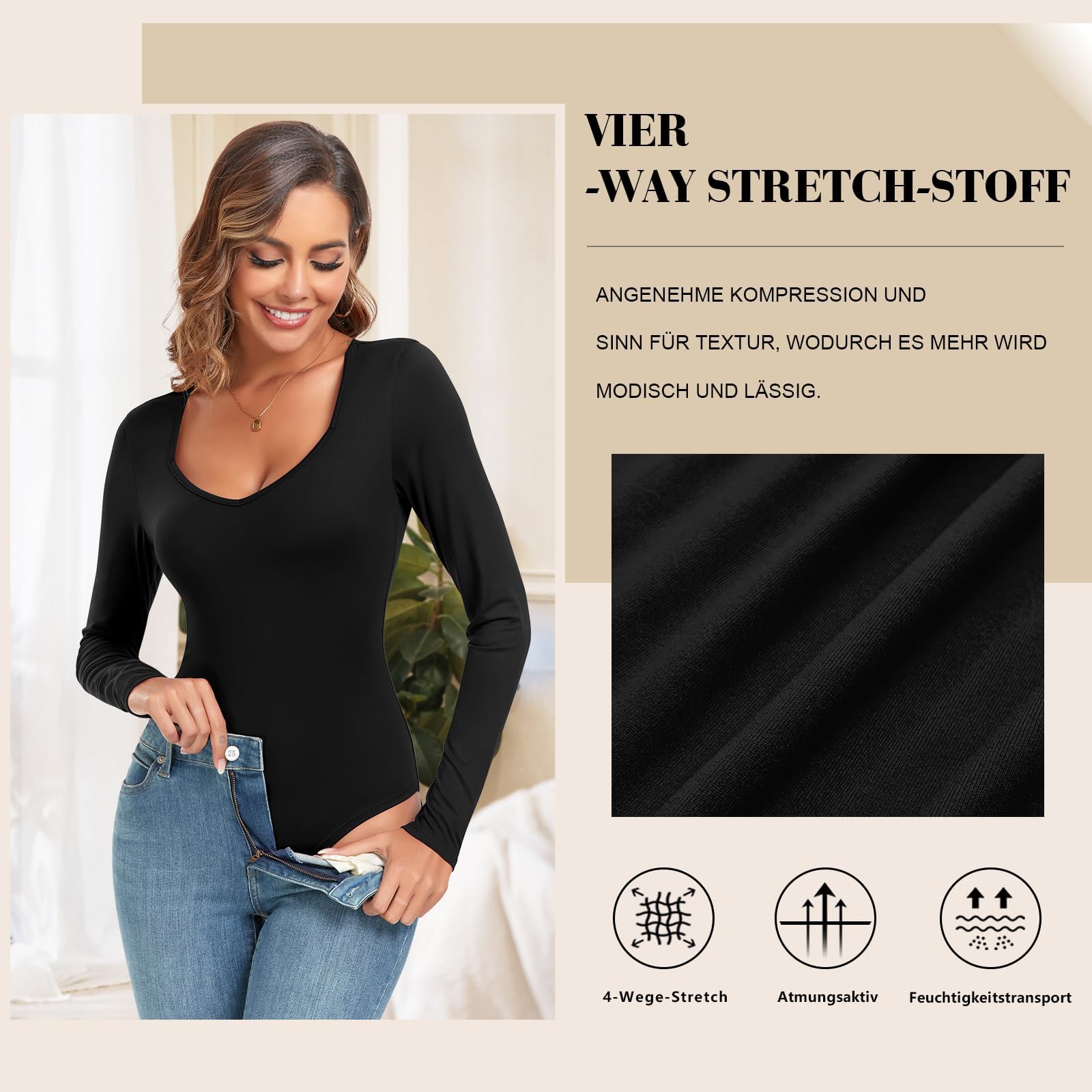 WOWENY Body Damen Kurzarm/Langarm,V-Ausschnitt Bodysuit Oberteil Body Sexy Damenbody Schmal Bodysuits Tops Unterziehbody Elegant body für Frauen Sommer