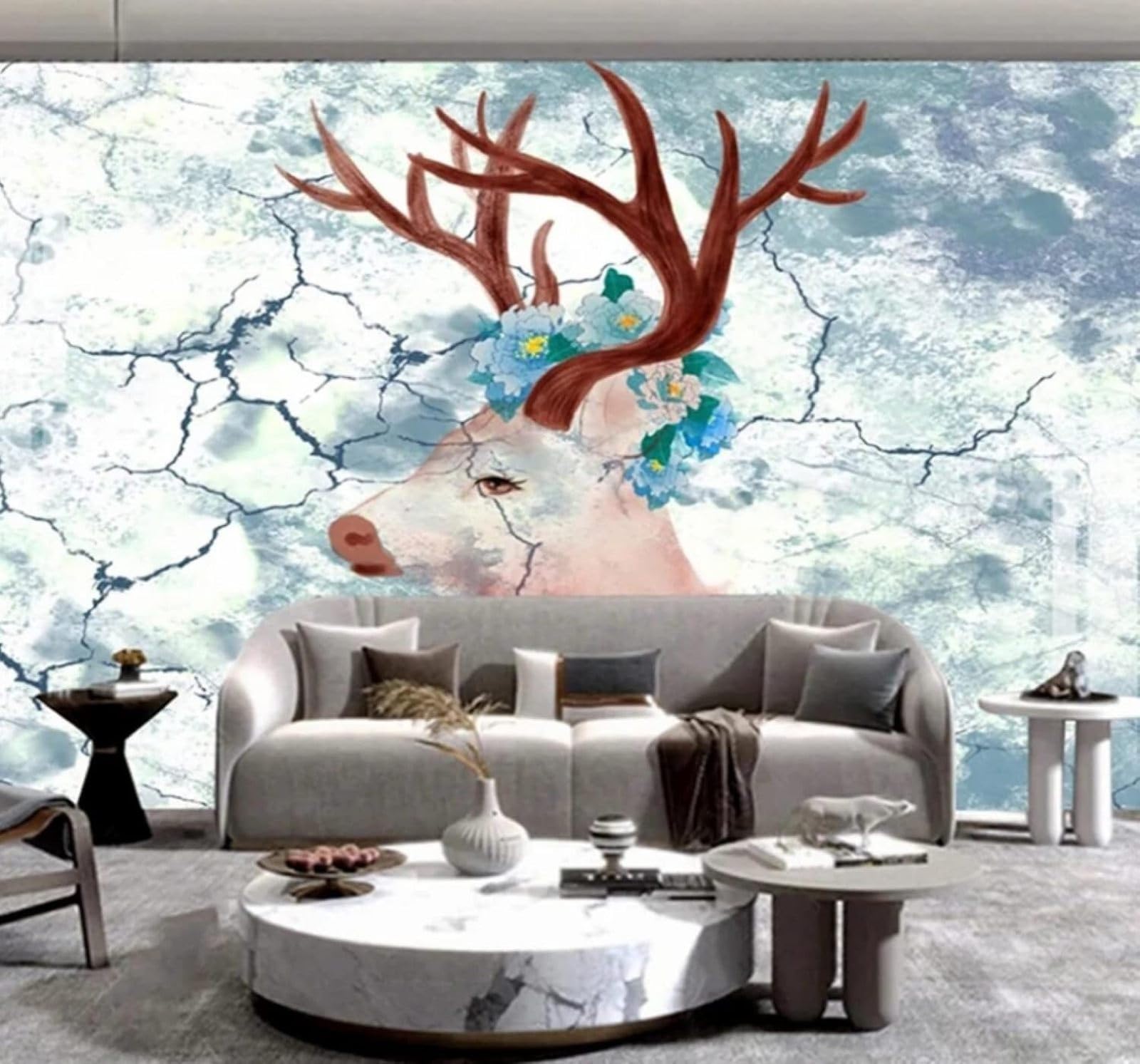 XLMING Vintage Whitewashed Wall Hand Drawn Moose Flowers 3D Wallpaper Luxury Home Dining Decor Paste Sofa Living Room The Wall for Bedroom Mural-250cm×170cm
