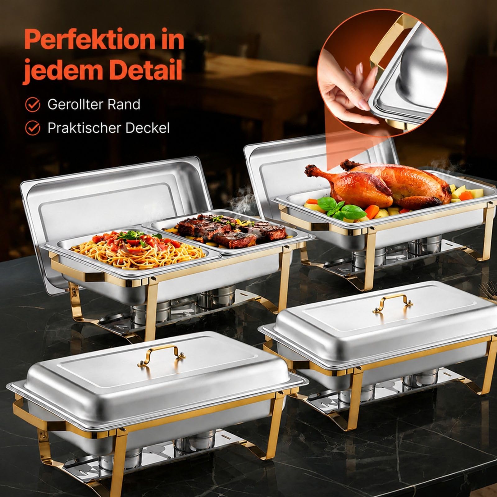 Rechteckiger Chafing Dish 4-teilig 7,5 L aus Edelstahl in Goldoptik für Buffet und Hotel