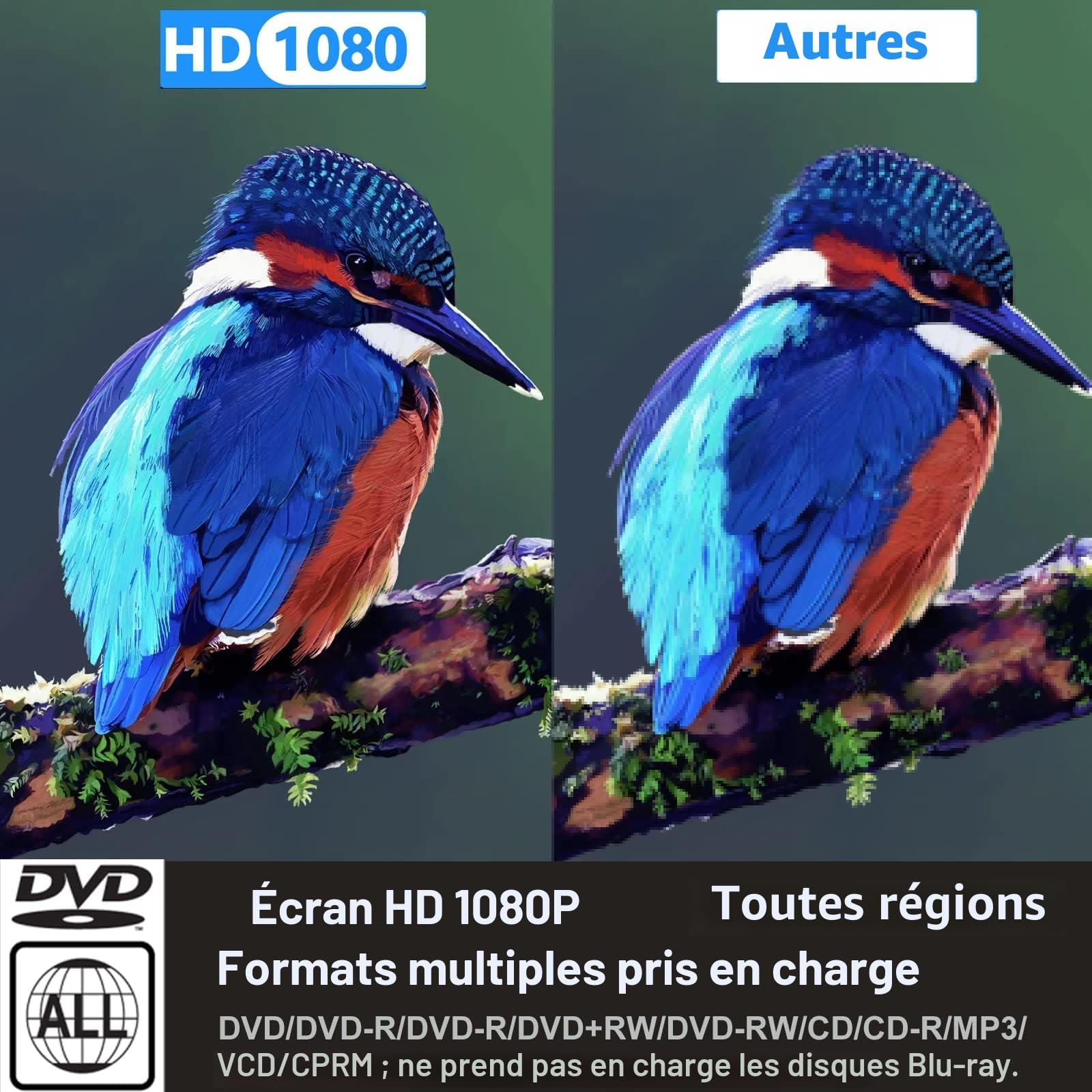 Lecteur HD DVD, lecteurs CD pour la Maison, lecteurs DVD pour la télévision, câble HDMI et RCA Inclus, Conversion en HD 1080p, Toutes régions, mémoire de Pause, PAL/NTSC intégré, USB 2.0