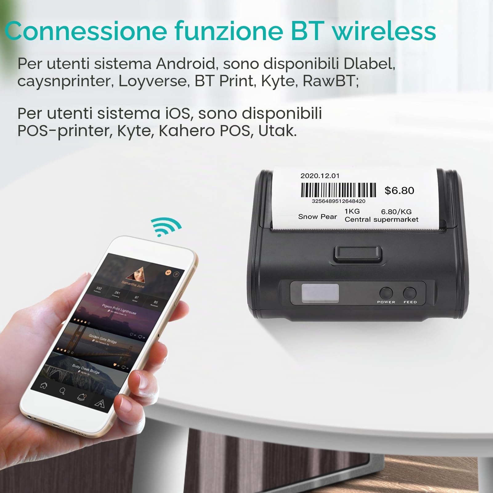 Stampante termica wireless per ricevute Stampante portatile portatile da 4 pollici 110 mm 203 dpi Stampa nitida Connessione BT+USB per il mercato delle piccole imprese Alimentari Supporta carta