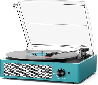cotsoco Sea Blue Vintage Vinyl Record Player with Built-in Speakers, Bluetooth, 3-Speed Belt Drive, AUX/RCA/Headphone Jack