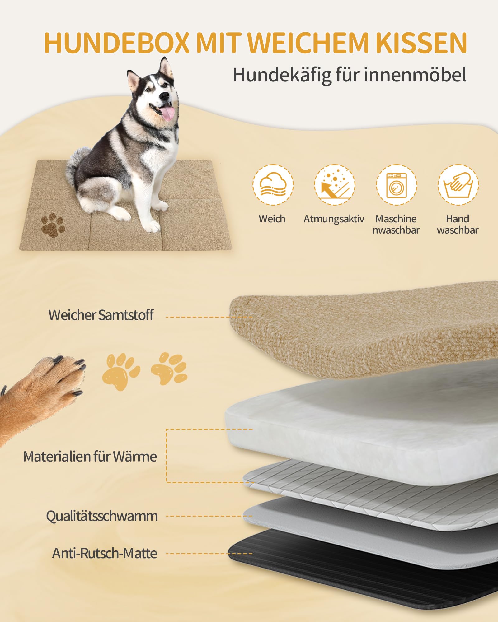Hzuaneri Hundekäfig Möbel, Hochbelastbar Hundebox aus Holz für den Innenbereich mit Futtertür Oben, Mehrtür-Design, Großer Hundekäfig-Beistelltisch, 120 x 75 x 81 cm, Vintage Braun DFC86801B