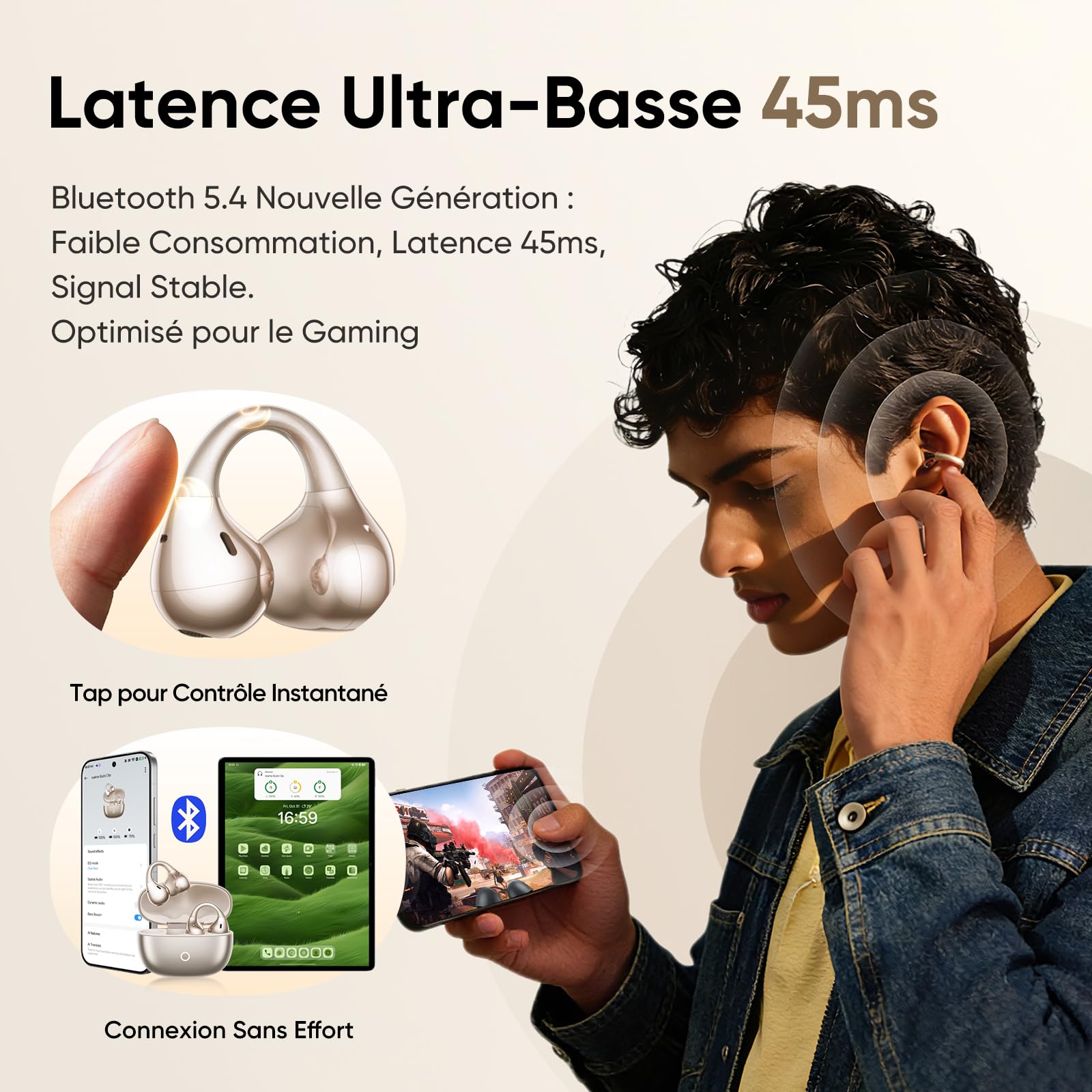 realme Buds Clip Écouteurs Bluetooth à Clip, 36H d'Autonomie, Réduction de Bruit des Appels IA, Traducteur IA, IP55, Bluetooth 5.4, Connexion Double Appareil, pour Sport & Intérieur, Negro Titanio