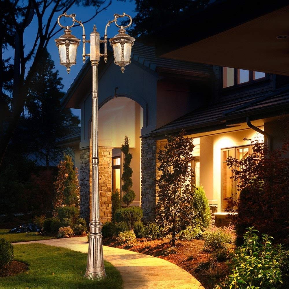 2 luci, palo Alto, Lanterna in Vetro E27 IP54 Impermeabile, lampione da Esterno per vialetti, Lampada a Colonna in Alluminio pressofuso Stile retrò Europeo, Illuminazione,Black_Height 2.95m