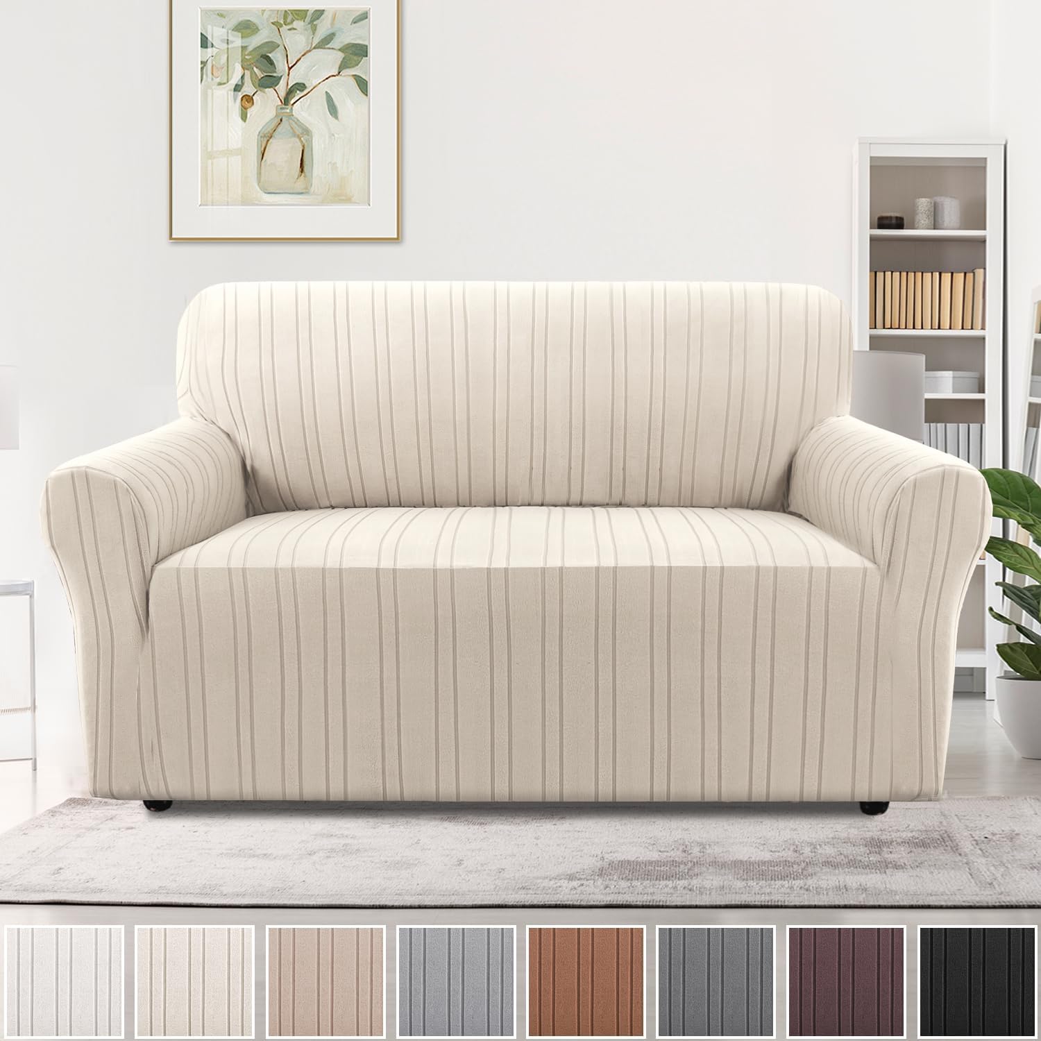 H.VERSAILTEX High Stretch Loveseat Covers 1-Piece Couch Cover Non Slip Sofa Cover with Elastic Bottom Thick Soft Sofa Covers Washable Polyester Spandex Jacquard Fabric Stripe Design(Loveseat, Natural) Loveseat Natural