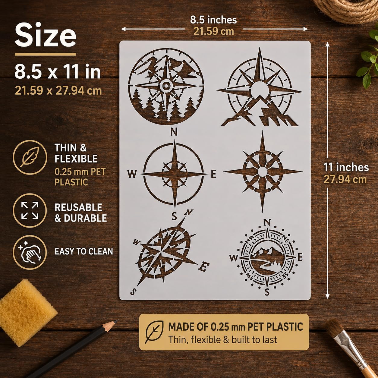 Compass Stencil | Reusable Traveler Pirate Supplies Camping Forrest Aids Nautical Traveler Aids Compass Stencils for Painting on Wood, Glass, Wall, Rock, Fabric, Walls, Canvas, Glassware 8.5"x 11" image 2