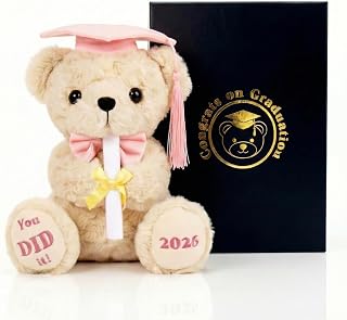 2026 Pink Graduation Bear, 8 Inch Plush with Gift Box | Pink cap and bow, You DID it embroidery, soft PP cotton, keepsake gift for her