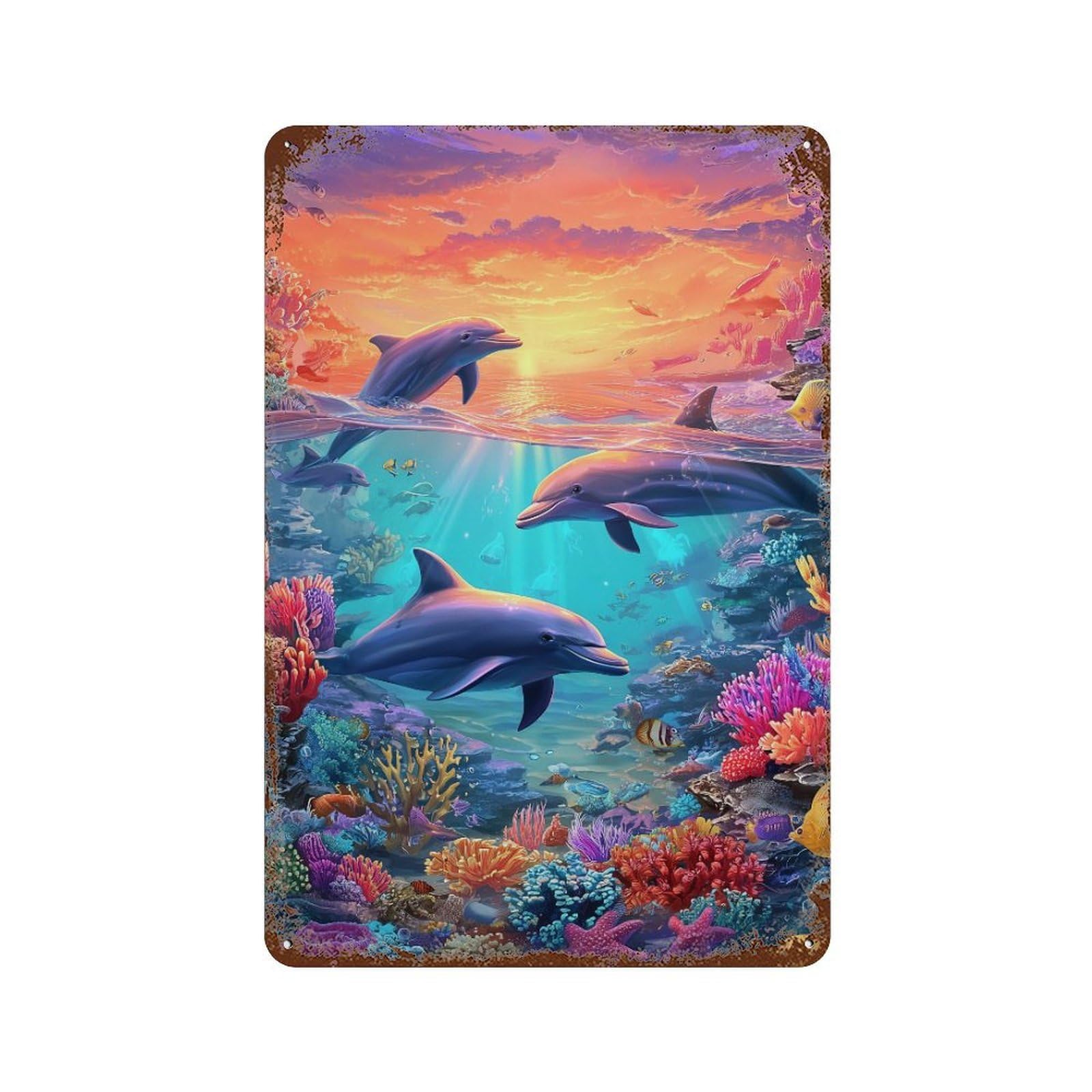 Rust Effect Ocean Life Coral Reef Rustic Tin Plaque 11.8"x7.9", Classic Wall Plaque for Shed, Workshop And Garage Wall Decor