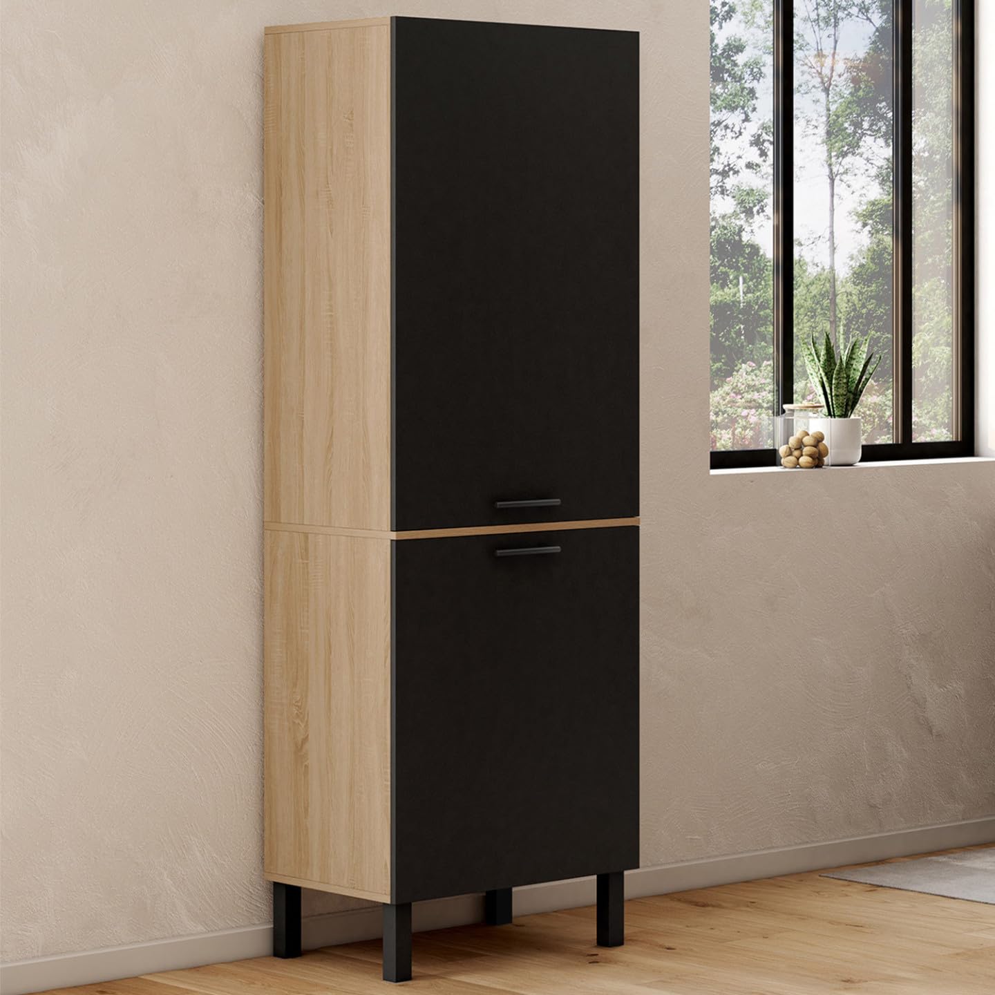 IDMarket - Colonne de Cuisine 60 cm CINA 2 Portes façon hêtre et Noir