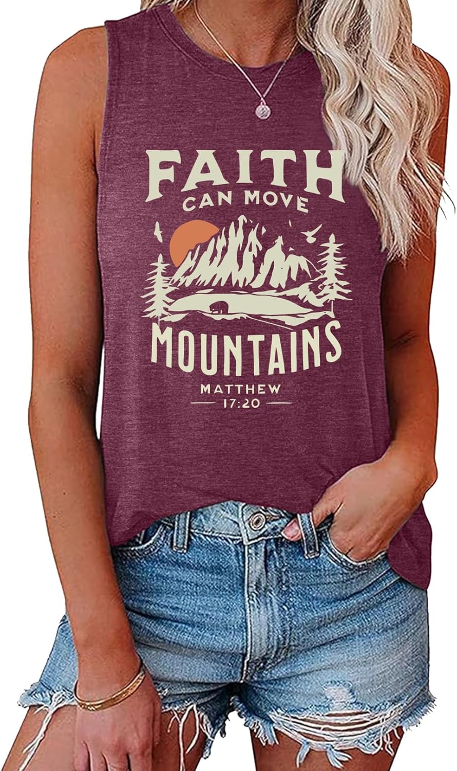 LOOKFACE Women's Crewneck Sleeveless Tank Top with Faith Can Move Graphic Print Cute Tunics