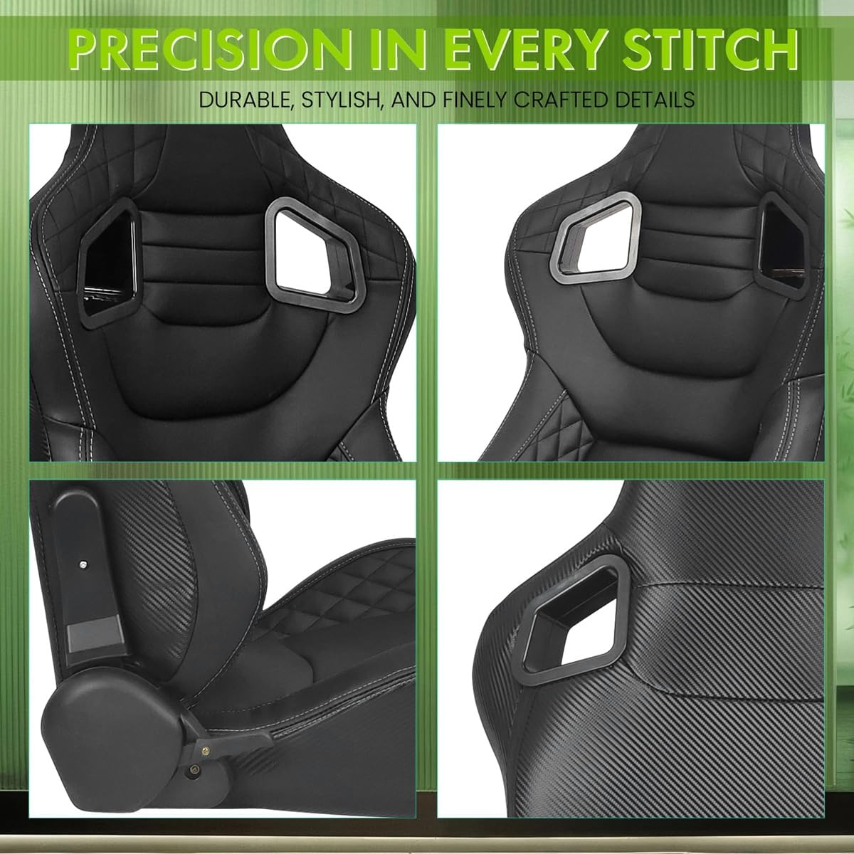 Universal Pairs of Racing Seat with Dual Sliders, PU Leather Front+Carbon Leather Back Reclinable Bucket Seat, Black+Grey Stitch